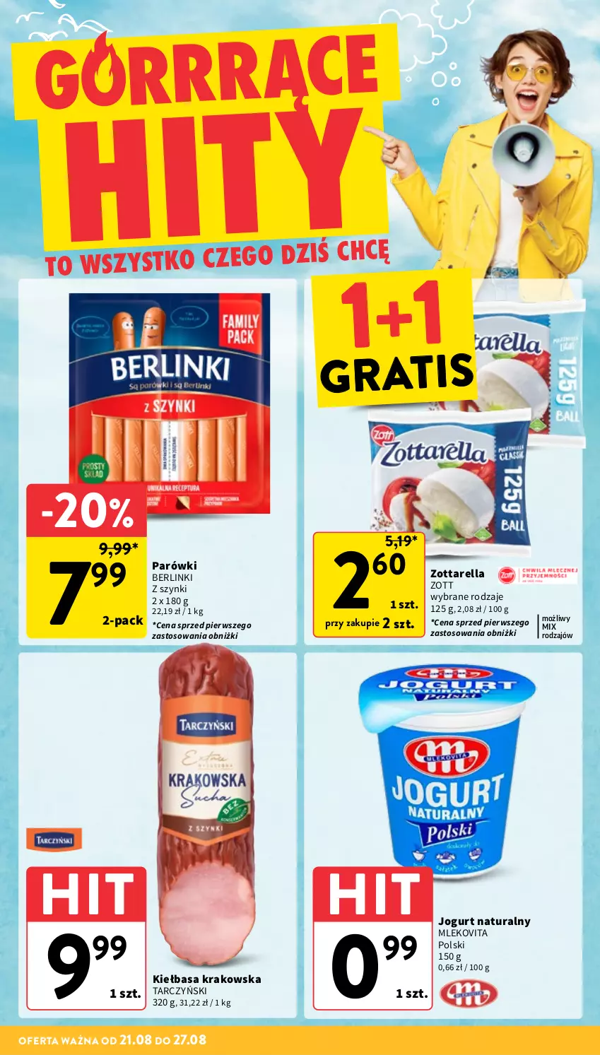 Gazetka promocyjna Intermarche - Gazetka promocyjna - ważna 21.08 do 27.08.2025 - strona 4 - produkty: Berlinki, Gra, Jogurt, Jogurt naturalny, Kiełbasa, Kiełbasa krakowska, Mleko, Mlekovita, Parówki, Tarczyński, Zott, Zottarella