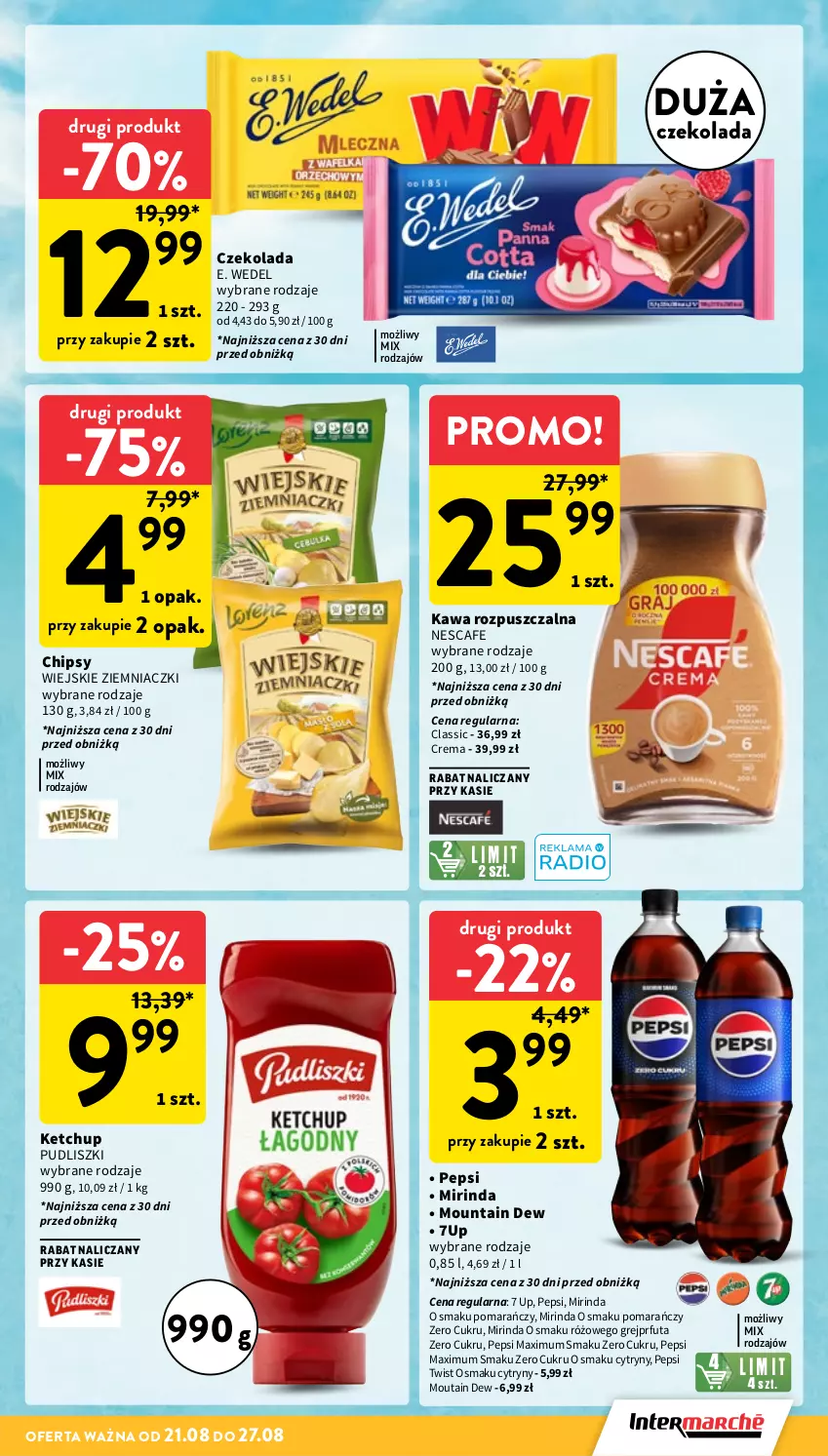 Gazetka promocyjna Intermarche - Gazetka promocyjna - ważna 21.08 do 27.08.2025 - strona 5 - produkty: 7up, Chipsy, Cytryny, Czekolada, E. Wedel, Kawa, Kawa rozpuszczalna, Ketchup, Mirinda, Pepsi, Pepsi max, Pudliszki