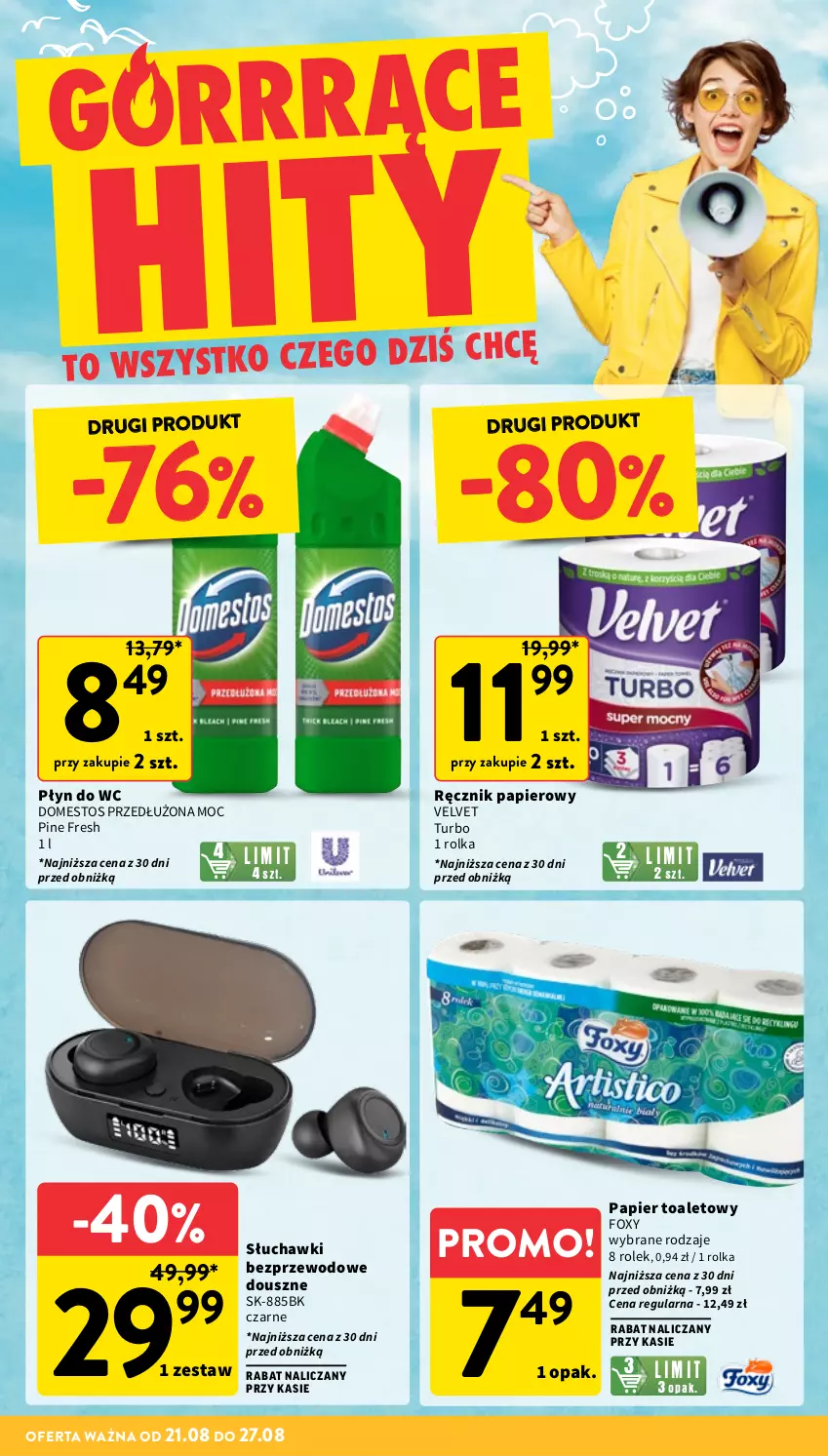 Gazetka promocyjna Intermarche - Gazetka promocyjna - ważna 21.08 do 27.08.2025 - strona 6 - produkty: Domestos, Foxy, Papier, Papier toaletowy, Płyn do wc, Ręcznik, Słuchawki, Słuchawki bezprzewodowe, Velvet