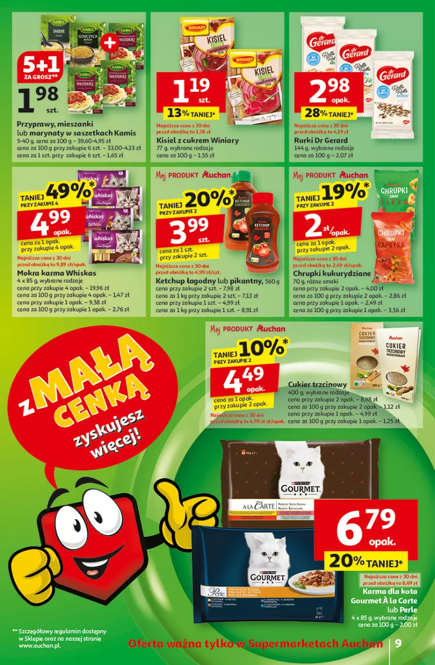 Gazetka promocyjna Auchan - z MAŁĄ CENKĄ dźwigniesz więcej! Supermarket - ważna 11.02 do 19.02.2025 - strona 11 - produkty: Chrupki, Cukier, Dr Gerard, Kamis, Ketchup, Kisiel, Mokra karma, Przyprawy, Rurki, Tera, Whiskas, Winiary