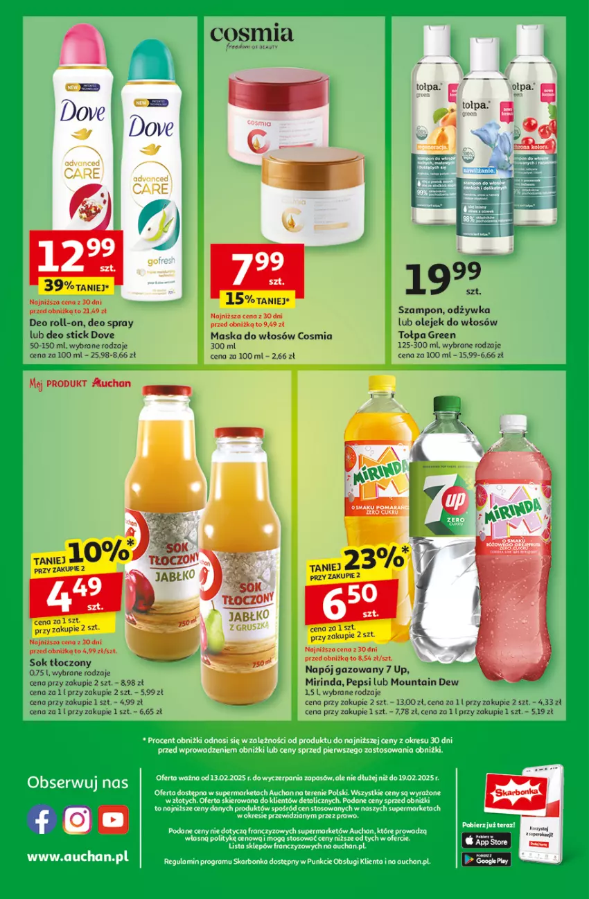 Gazetka promocyjna Auchan - z MAŁĄ CENKĄ dźwigniesz więcej! Supermarket - ważna 11.02 do 19.02.2025 - strona 14 - produkty: Dove, Maska, Maska do włosów, Mirinda, Napój, Napój gazowany, Odżywka, Olej, Pepsi, Sok, Szampon