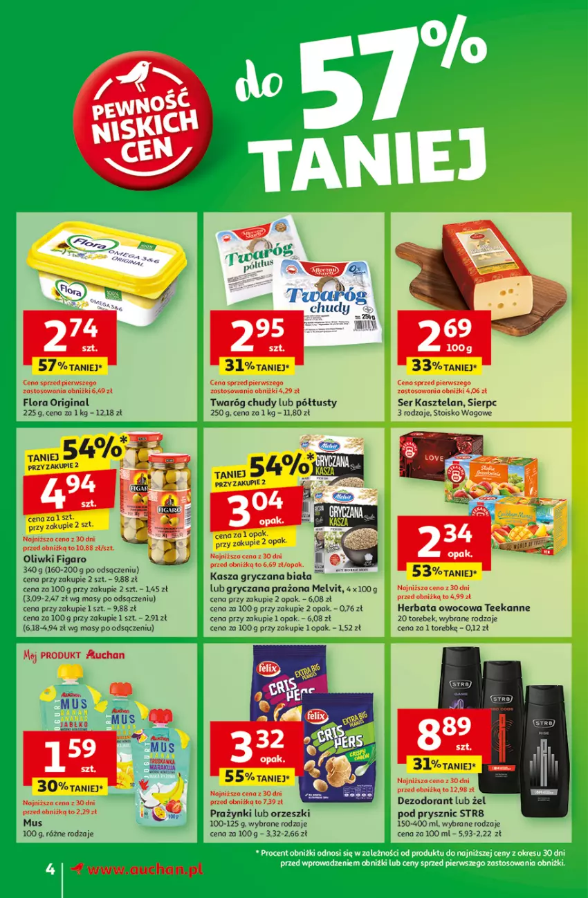 Gazetka promocyjna Auchan - z MAŁĄ CENKĄ dźwigniesz więcej! Supermarket - ważna 11.02 do 19.02.2025 - strona 4 - produkty: Dezodorant, Flora, Gin, Gry, Herbata, Herbata owocowa, Kasza, Kasza gryczana, Kasztelan, Melvit, Mus, Oliwki, Orzeszki, Ser, Ser Kasztelan, Teekanne, Twaróg, Twaróg chudy