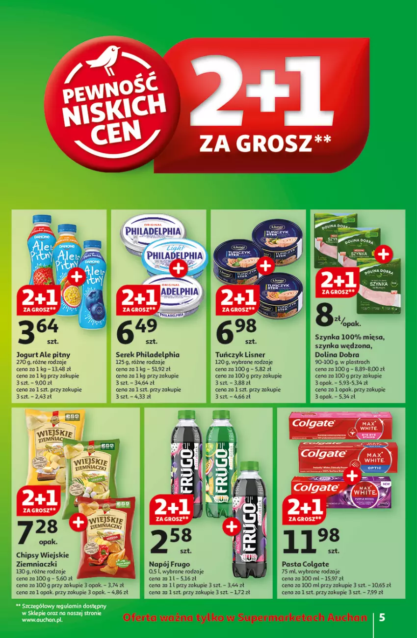 Gazetka promocyjna Auchan - z MAŁĄ CENKĄ dźwigniesz więcej! Supermarket - ważna 11.02 do 19.02.2025 - strona 5 - produkty: Chipsy, Colgate, Jogurt, LG, Lisner, Napój, Philadelphia, Ser, Serek, Szynka, Tuńczyk