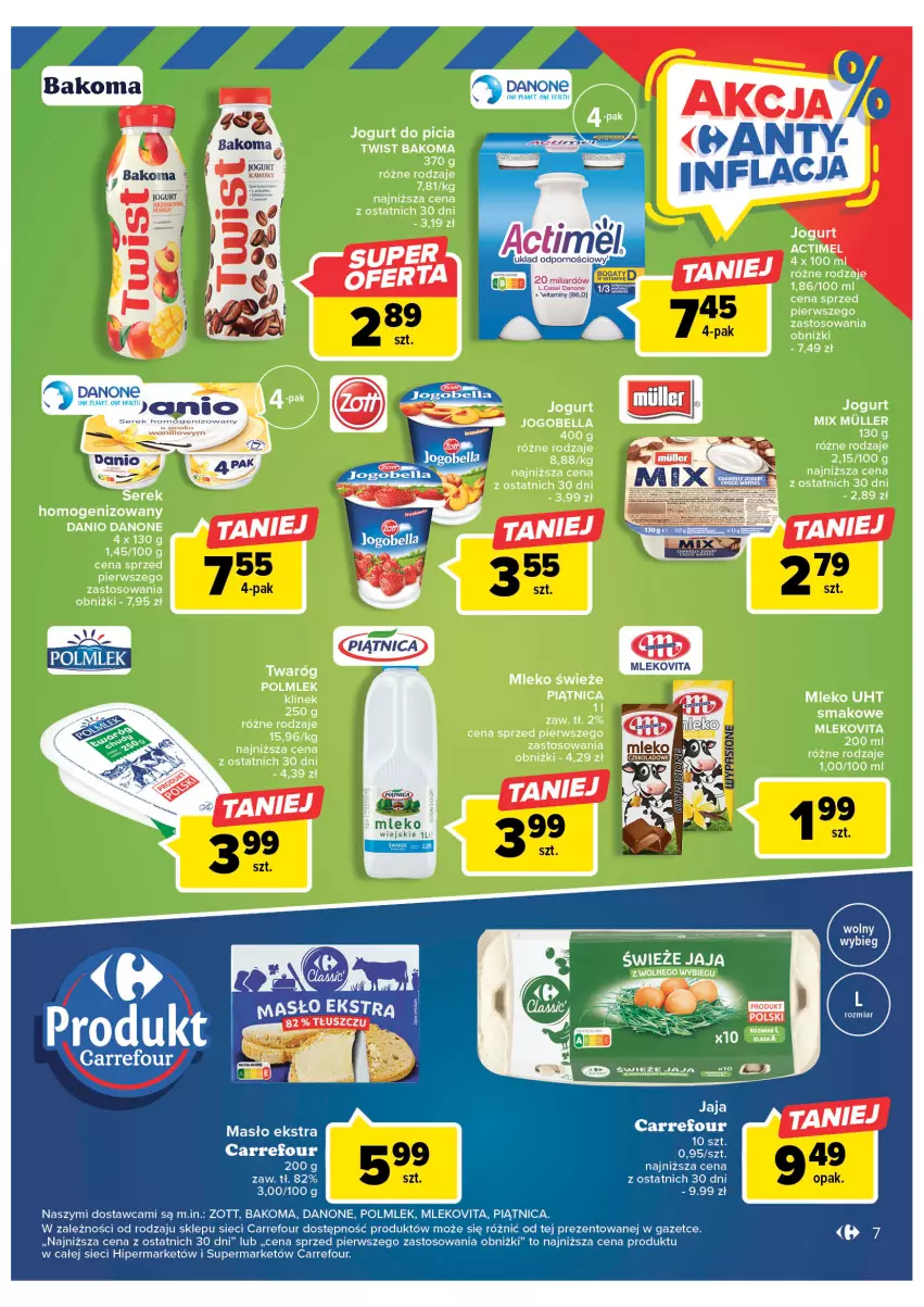 Gazetka promocyjna Carrefour - Gazetka Targ świeżości - ważna 20.02 do 25.02.2023 - strona 10 - produkty: Actimel, Bakoma, Bell, Bella, Danio, Danone, Jaja, Jogurt, Masło, Mleko, Mlekovita, POLMLEK, Por, Zott