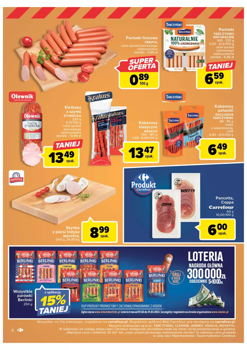 Gazetka promocyjna Carrefour - Gazetka Targ świeżości - ważna 20.02 do 25.02.2023 - strona 9 - produkty: Kabanos, Krakus, Kurczak, LG, Mola, Olewnik, Szynka, Tarczyński