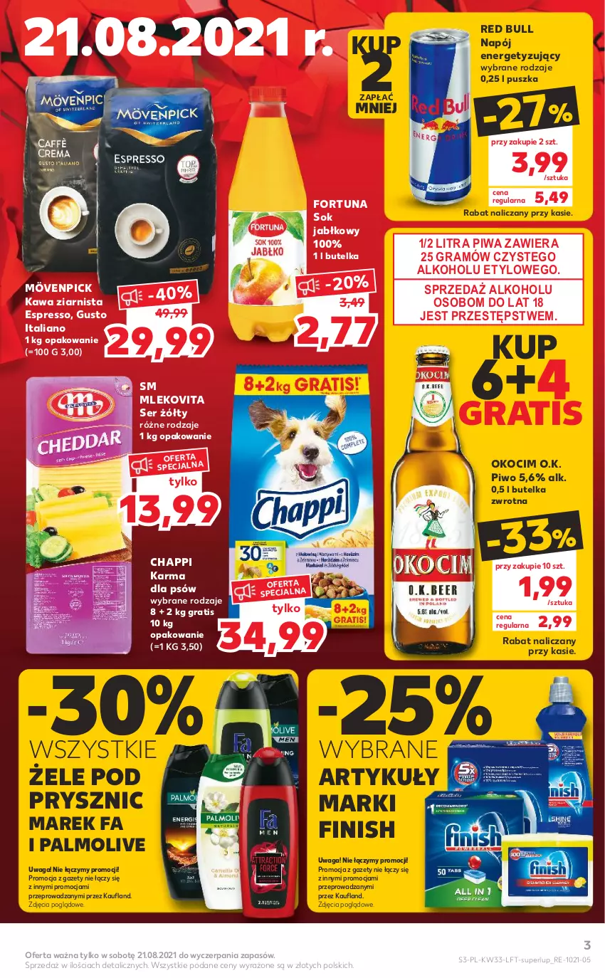 Gazetka promocyjna Kaufland - OFERTA TYGODNIA - ważna 19.08 do 25.08.2021 - strona 3 - produkty: Chappi, Fa, Finish, Fortuna, Gra, Kawa, Kawa ziarnista, Koc, Mleko, Mlekovita, Napój, Okocim, Palmolive, Piwa, Piwo, Red Bull, Ser, Sok, Sok jabłkowy, Waga