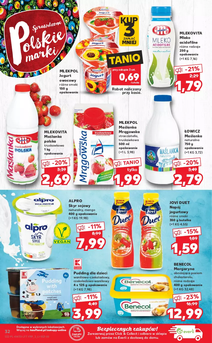 Gazetka promocyjna Kaufland - OFERTA TYGODNIA - ważna 19.08 do 25.08.2021 - strona 32 - produkty: Alpro, Benecol, Dzieci, Jogurt, Jogurt owocowy, Mango, Margaryna, Maślanka, Mleko, Mlekovita, Napój, Napój jogurtowy, Piec, Pudding