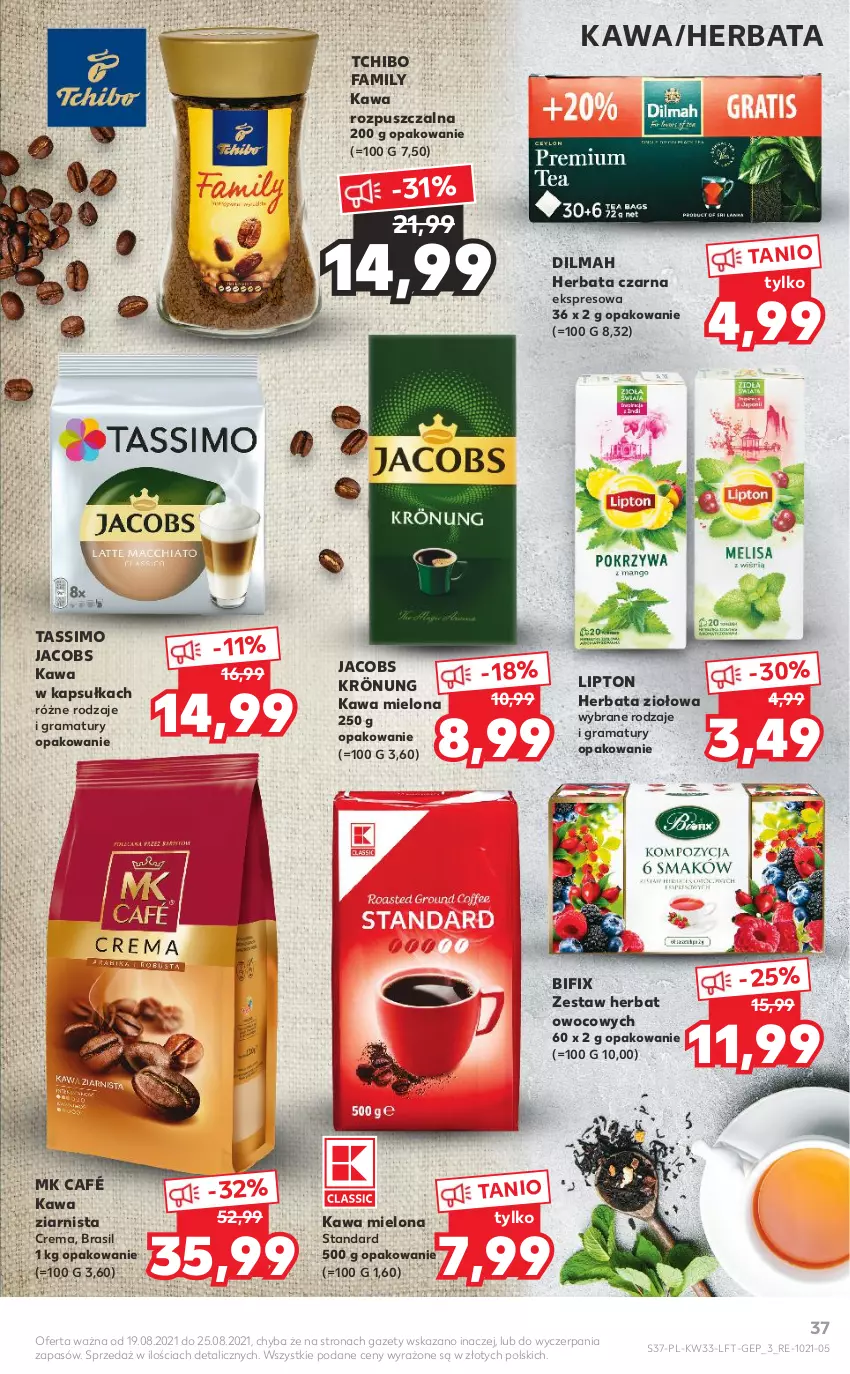 Gazetka promocyjna Kaufland - OFERTA TYGODNIA - ważna 19.08 do 25.08.2021 - strona 37 - produkty: Dilmah, Fa, Gra, Herbata, Herbata czarna, Jacobs, Jacobs Krönung, Kawa, Kawa mielona, Kawa rozpuszczalna, Kawa ziarnista, Lipton, Rama, Tassimo, Tchibo, Tchibo Family