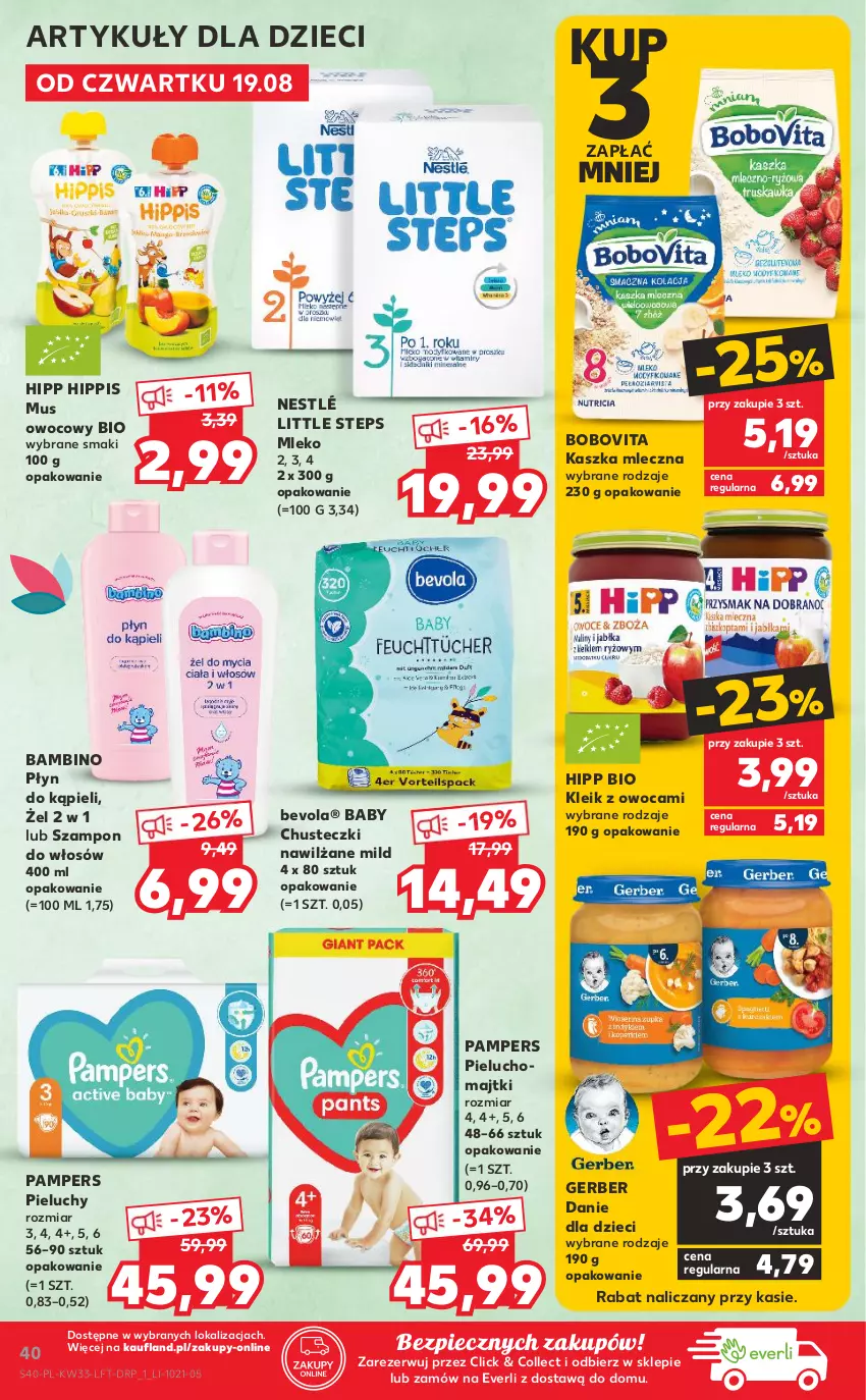 Gazetka promocyjna Kaufland - OFERTA TYGODNIA - ważna 19.08 do 25.08.2021 - strona 40 - produkty: BoboVita, Chusteczki, Danie dla dzieci, Dzieci, Gerber, HiPP, Majtki, Mleko, Mus, Nestlé, Pampers, Piec, Pieluchomajtki, Pieluchy, Płyn do kąpieli, Szampon