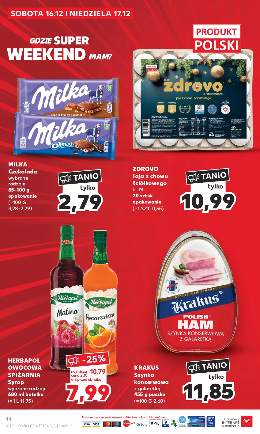 Gazetka promocyjna Kaufland - Gazetka tygodnia - ważna 14.12 do 19.12.2023 - strona 14 - produkty: Czekolada, Gala, Herbapol, Jaja, Krakus, Milka, Ser, Syrop, Szynka, Szynka konserwowa