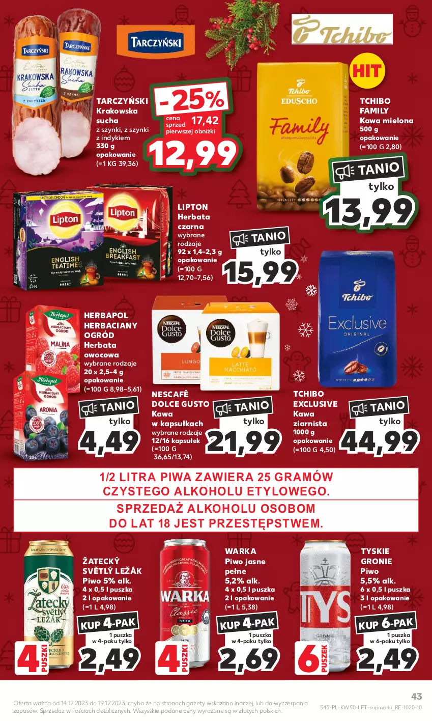 Gazetka promocyjna Kaufland - Gazetka tygodnia - ważna 14.12 do 19.12.2023 - strona 43 - produkty: Dolce Gusto, Fa, Gra, Herbapol, Herbata, Herbata czarna, Herbata owocowa, Kawa, Kawa mielona, Kawa ziarnista, Lipton, Nescafé, Ogród, Piwa, Piwo, Piwo jasne, Tarczyński, Tchibo, Tchibo Family, Tyskie, Warka