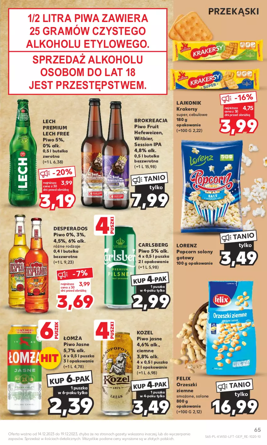 Gazetka promocyjna Kaufland - Gazetka tygodnia - ważna 14.12 do 19.12.2023 - strona 65 - produkty: Carlsberg, Desperados, Felix, Gra, Kozel, Krakersy, Lajkonik, Lech Premium, Lorenz, Orzeszki, Orzeszki ziemne, Piwa, Piwo, Piwo jasne, Popcorn, SESSIO