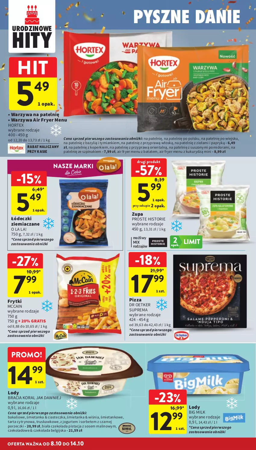 Gazetka promocyjna Intermarche - Gazetka promocyjna - ważna 08.10 do 14.10.2026 - strona 20 - produkty: Bazyl, Big Milk, Czekolada, Frytki, Gra, Hortex, Jogurt, LG, Lody, McCain, Pizza, Por, Sos, Szpinak, Tarta, Warzywa, Zupa
