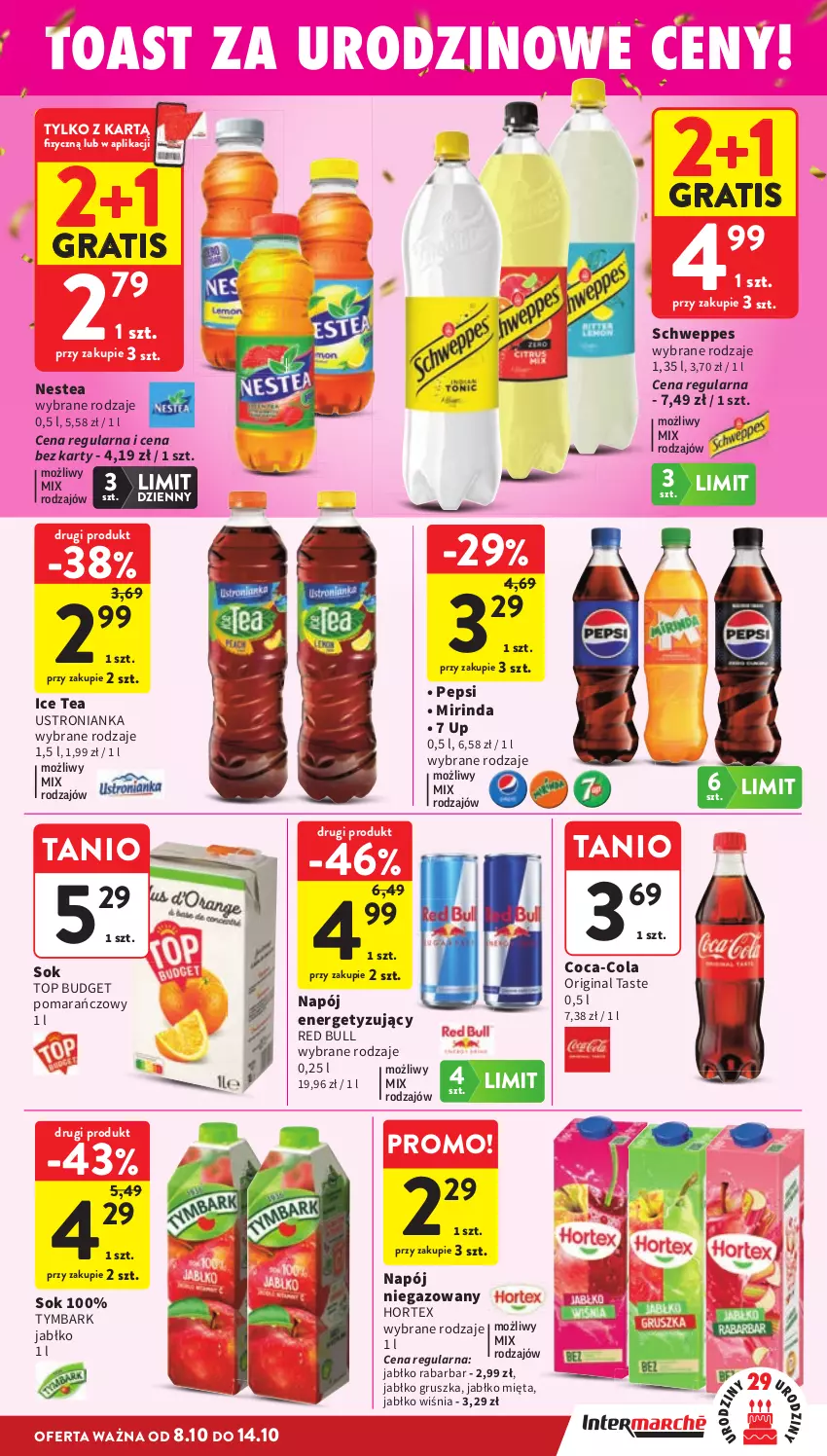 Gazetka promocyjna Intermarche - Gazetka promocyjna - ważna 08.10 do 14.10.2026 - strona 33 - produkty: Coca-Cola, Gin, Gra, Hortex, Ice tea, Mięta, Mirinda, Napój, Napój niegazowany, Nestea, Pepsi, Red Bull, Schweppes, Sok, Top, Tymbark