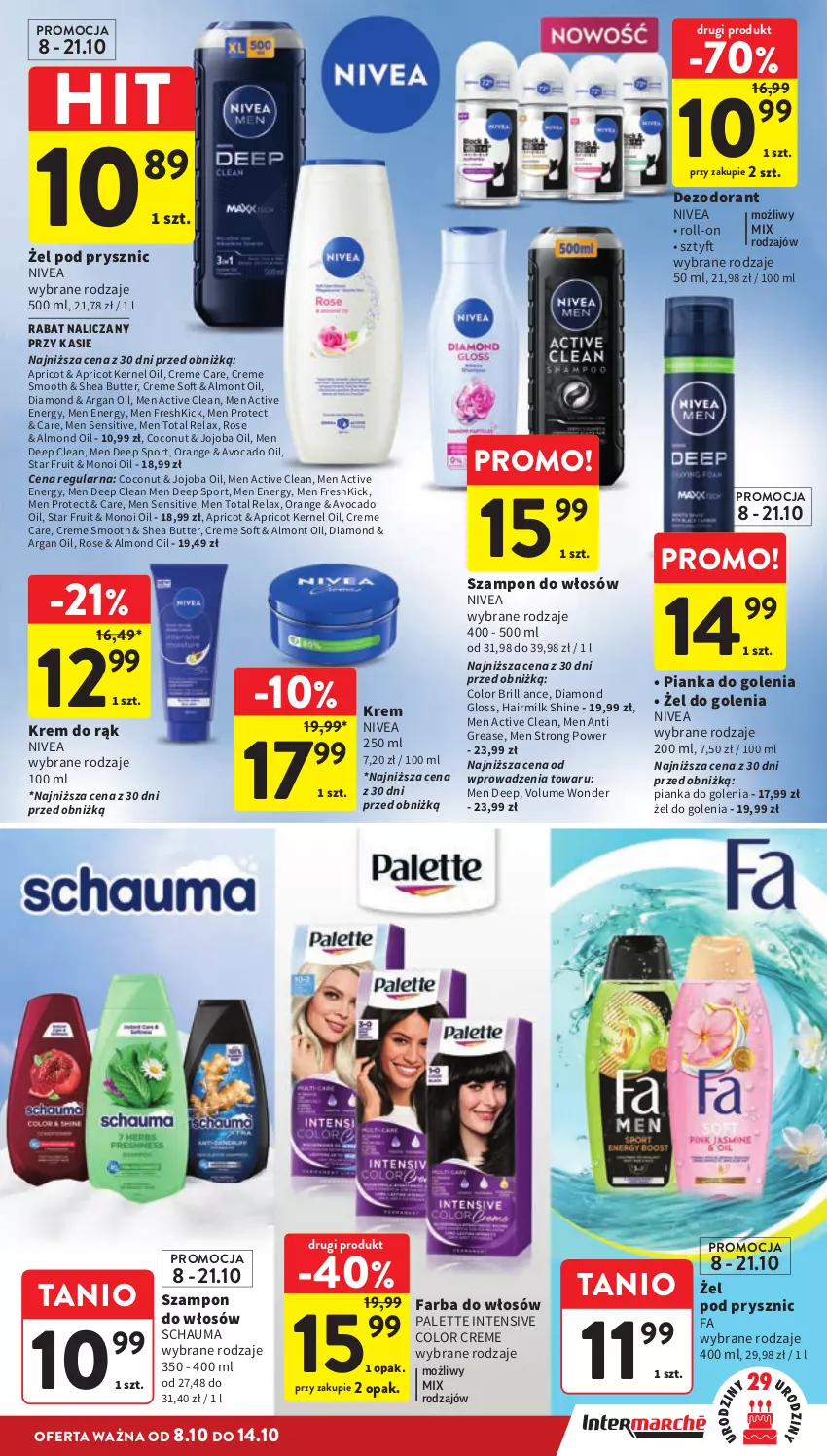 Gazetka promocyjna Intermarche - Gazetka promocyjna - ważna 08.10 do 14.10.2026 - strona 39 - produkty: Avocado, Color Creme, Dezodorant, Fa, Farba do włosów, Krem do rąk, Nivea, Palette, Pianka do golenia, Por, Schauma, Sport, Szampon