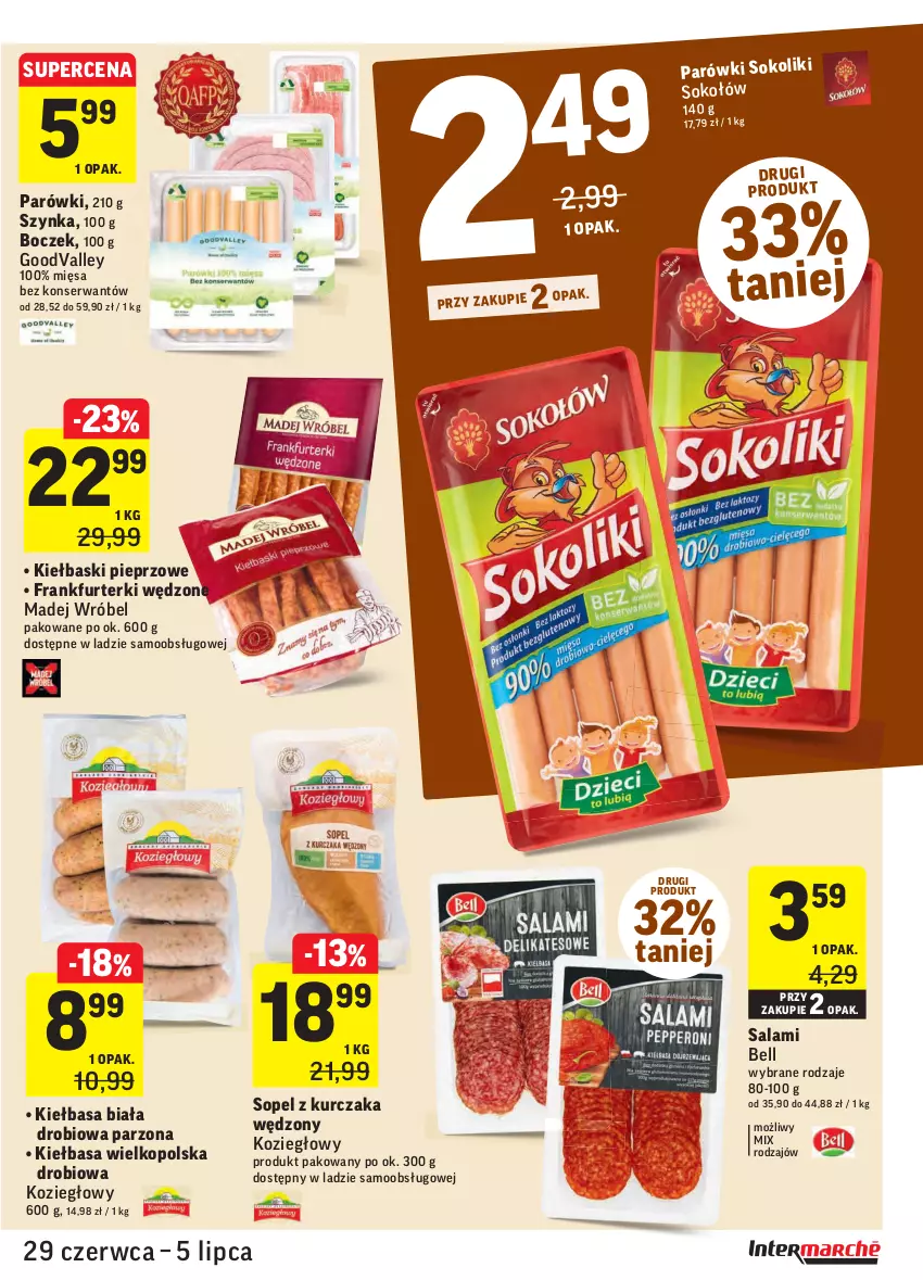 Gazetka promocyjna Intermarche - Gazetka promocyjna - ważna 29.06 do 05.07.2021 - strona 11 - produkty: Bell, Boczek, Frankfurterki, Kiełbasa, Kiełbasa biała, Kiełbaski pieprzowe, Kurczak, Madej Wróbel, Parówki, Parówki sokoliki, Pieprz, Salami, Ser, Sok, Szynka