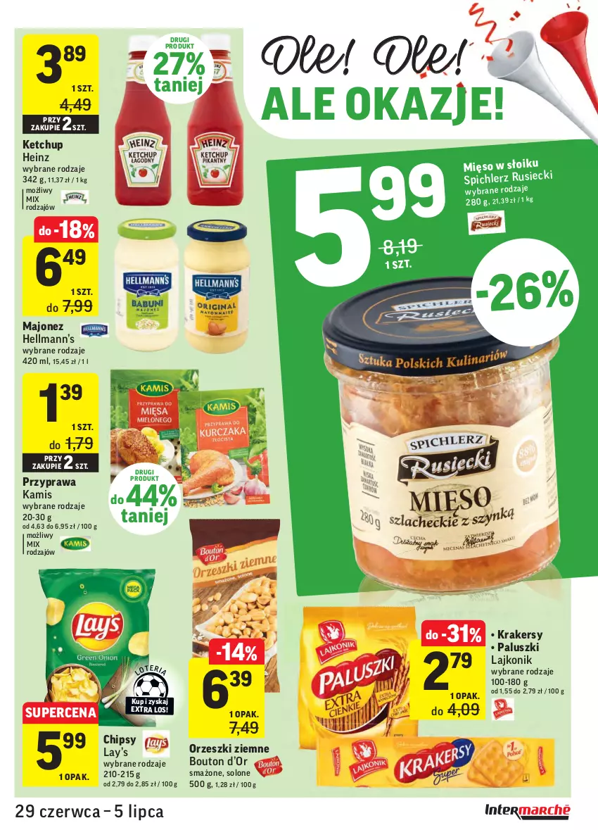 Gazetka promocyjna Intermarche - Gazetka promocyjna - ważna 29.06 do 05.07.2021 - strona 25 - produkty: Chipsy, Heinz, Hellmann’s, Kamis, Ketchup, Krakersy, Lajkonik, Lay’s, Majonez, Orzeszki, Orzeszki ziemne, Spichlerz Rusiecki