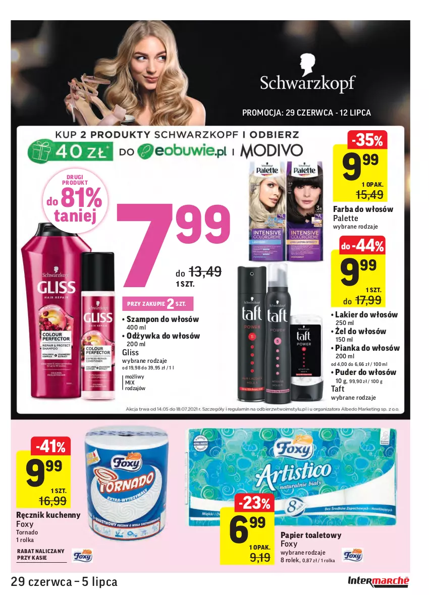 Gazetka promocyjna Intermarche - Gazetka promocyjna - ważna 29.06 do 05.07.2021 - strona 33 - produkty: Fa, Farba do włosów, Foxy, Lakier, Lakier do włosów, Odżywka, Palette, Papier, Papier toaletowy, Pianka do włosów, Puder, Ręcznik, Ręcznik kuchenny, Szampon, Taft