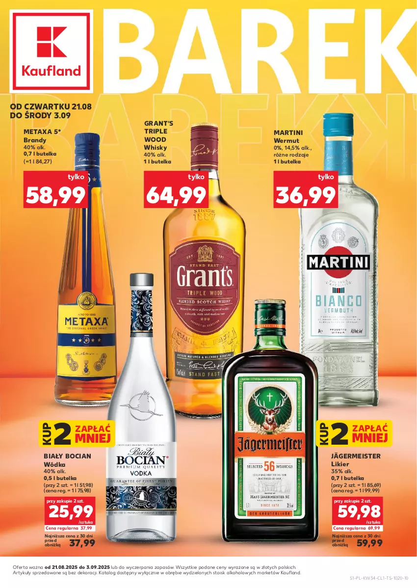Gazetka promocyjna Kaufland - Barek Kauflandu - ważna 21.08 do 03.09.2025 - strona 1 - produkty: Biały Bocian, Brandy, Gra, Likier, Martini, Metaxa, Whisky, Wódka