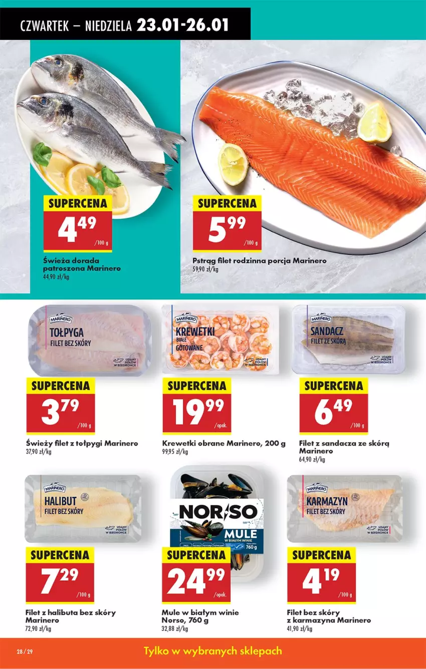 Gazetka promocyjna Biedronka - Od Czwartku - ważna 23.01 do 29.01.2025 - strona 30 - produkty: Filet z sandacza, Halibut, Krewetki, Mule, Por, Pstrąg, Sandacz, Tołpyga