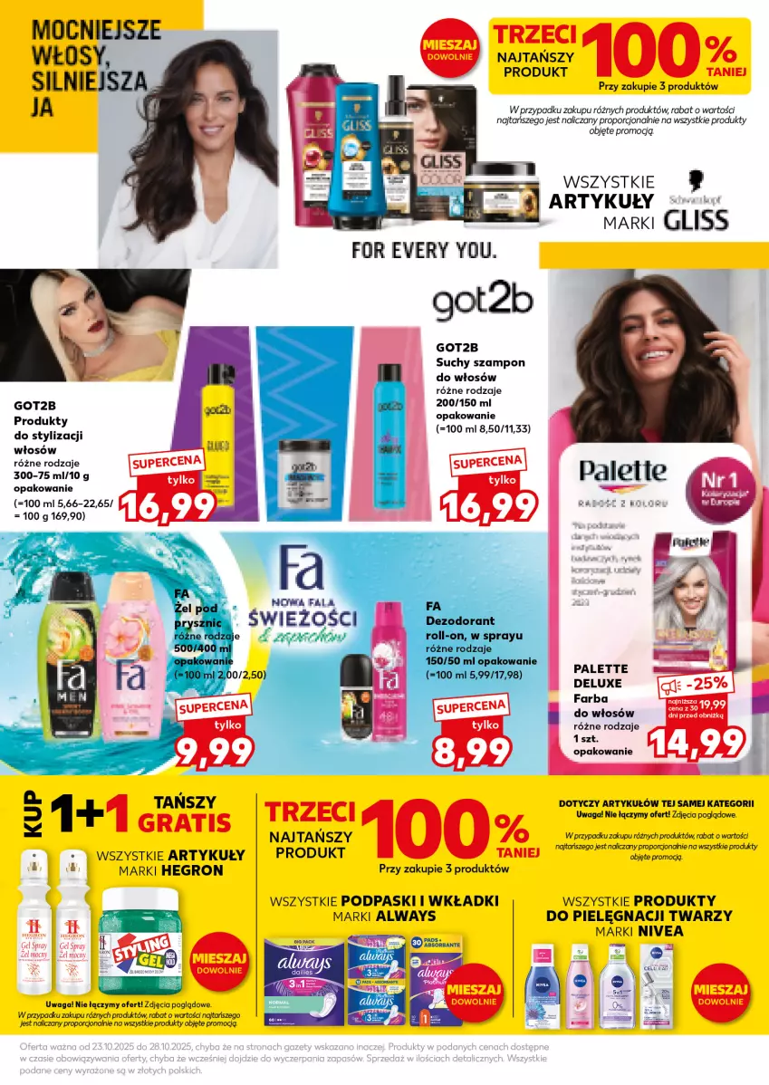 Gazetka promocyjna Kaufland - Mocny Start - ważna 27.10 do 28.10.2025 - strona 23 - produkty: Always, Dezodorant, Fa, Farba do włosów, Got2b, Hegron, Nivea, Palette, Podpaski, Por, Suchy szampon, Szampon, Waga, Wkładki