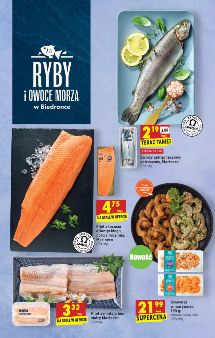 Gazetka promocyjna Biedronka - W tym tygodniu - ważna 03.03 do 09.03.2022 - strona 25 - produkty: Filet z mintaja, Krewetki, Mintaj, Por, Pstrąg, Pstrąg tęczowy, Sos, Tera