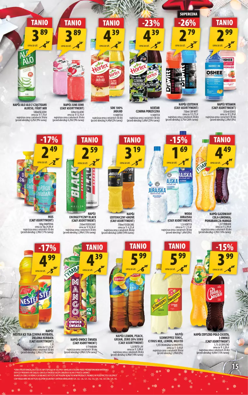 Gazetka promocyjna Arhelan - Gazetka - ważna 29.11 do 08.12.2024 - strona 15 - produkty: Dawtona, Gin, Herbata, Hortex, Ice tea, Lack, Limonka, Mango, Mus, Napój, Napój gazowany, Nektar, Nestea, Oshee, Owoce, Por, Schweppes, Sok, Tonik, Tymbark, Woda