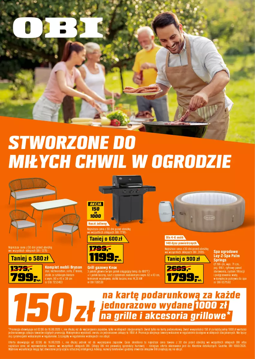 Gazetka promocyjna Obi - Gazetka OBI - ważna 02.06 do 16.06.2026 - strona 1 - produkty: Dres, Fa, Fotel, Grill, Grill gazowy, Grille i akcesoria, Intel, Pokrywa, Sofa, Sok, Stolik, Telefon, Termometr