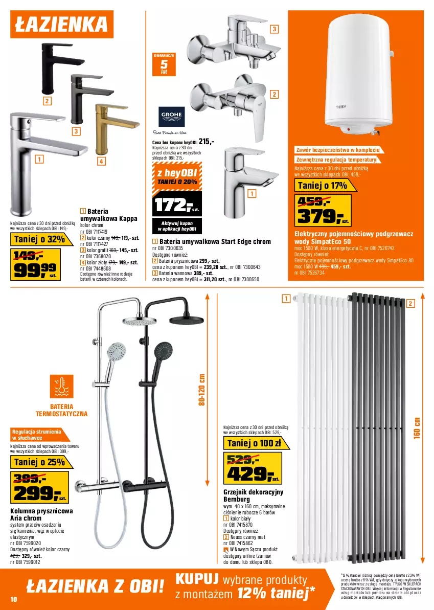 Gazetka promocyjna Obi - Gazetka OBI - ważna 02.06 do 16.06.2026 - strona 10 - produkty: Bateria, Bateria prysznicowa, Bateria umywalkowa, Bateria wannowa, Brodzik, Deska wolnoopadająca, Gra, Grzejnik, Kabina prysznicowa, Kompakt WC, Meble, Meble łazienkowe, Miska, Piec, Rasco, Rum, Ser, Słupek, Szafka, Termos, Tran, Uchwyty
