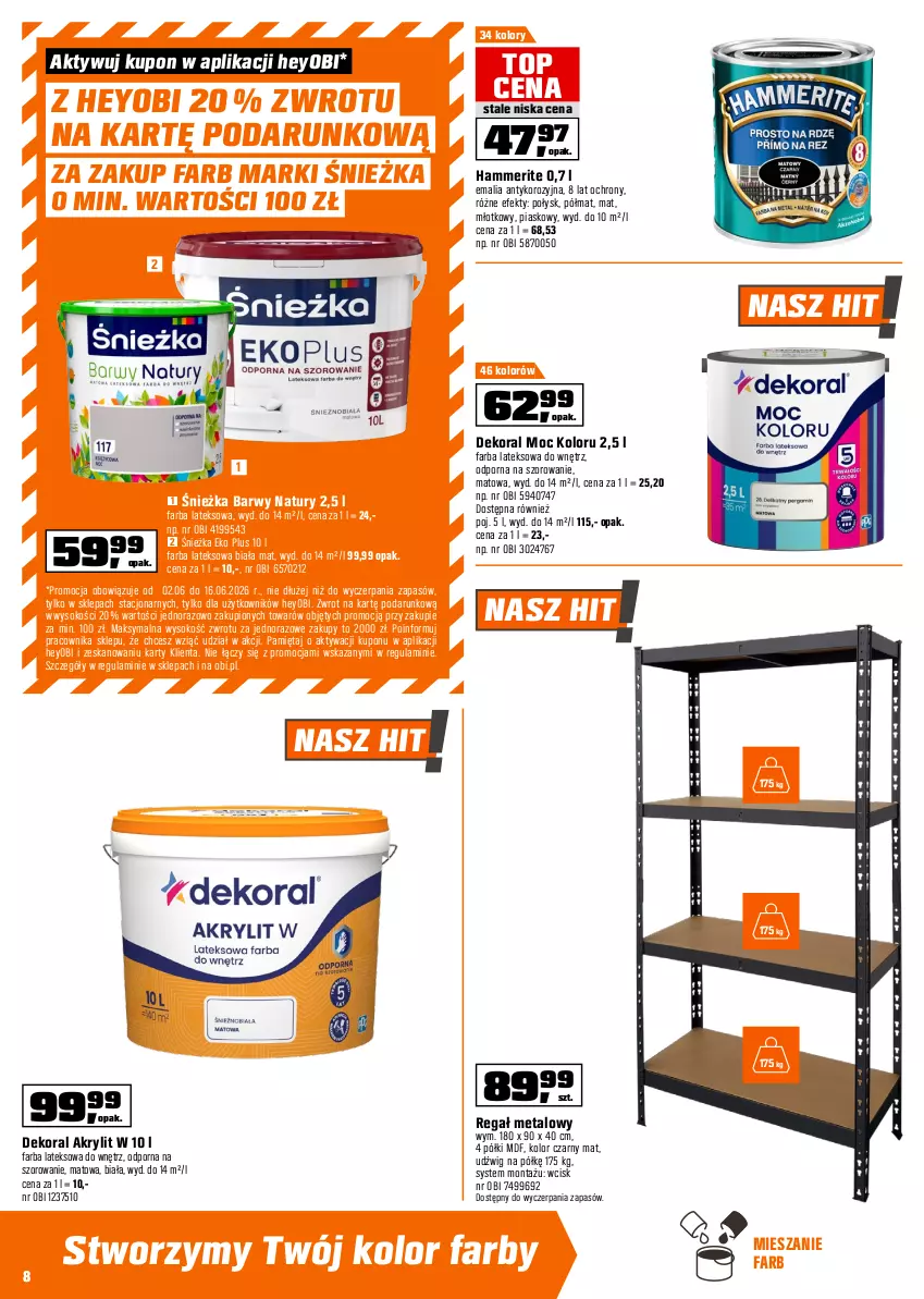 Gazetka promocyjna Obi - Gazetka OBI - ważna 02.06 do 16.06.2026 - strona 8 - produkty: Bateria, Bateria kuchenna, Bell, Dekoral, Dźwig, Fa, Farba lateksowa, Gra, Mięta, Młot, Piekarnik, Por, Regał, Regał metalowy, Roleta, Sok, Syfon, Top, Zestaw mebli kuchennych, Zlew