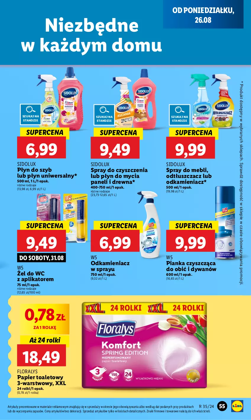 Gazetka promocyjna Lidl - GAZETKA - ważna 26.08 do 28.08.2024 - strona 59 - produkty: Dywan, Flora, Odkamieniacz, Odtłuszczacz, Papier, Papier toaletowy, Płyn do mycia, Płyn do mycia paneli, Płyn do szyb, Rolki, Sidolux, Spray do czyszczenia