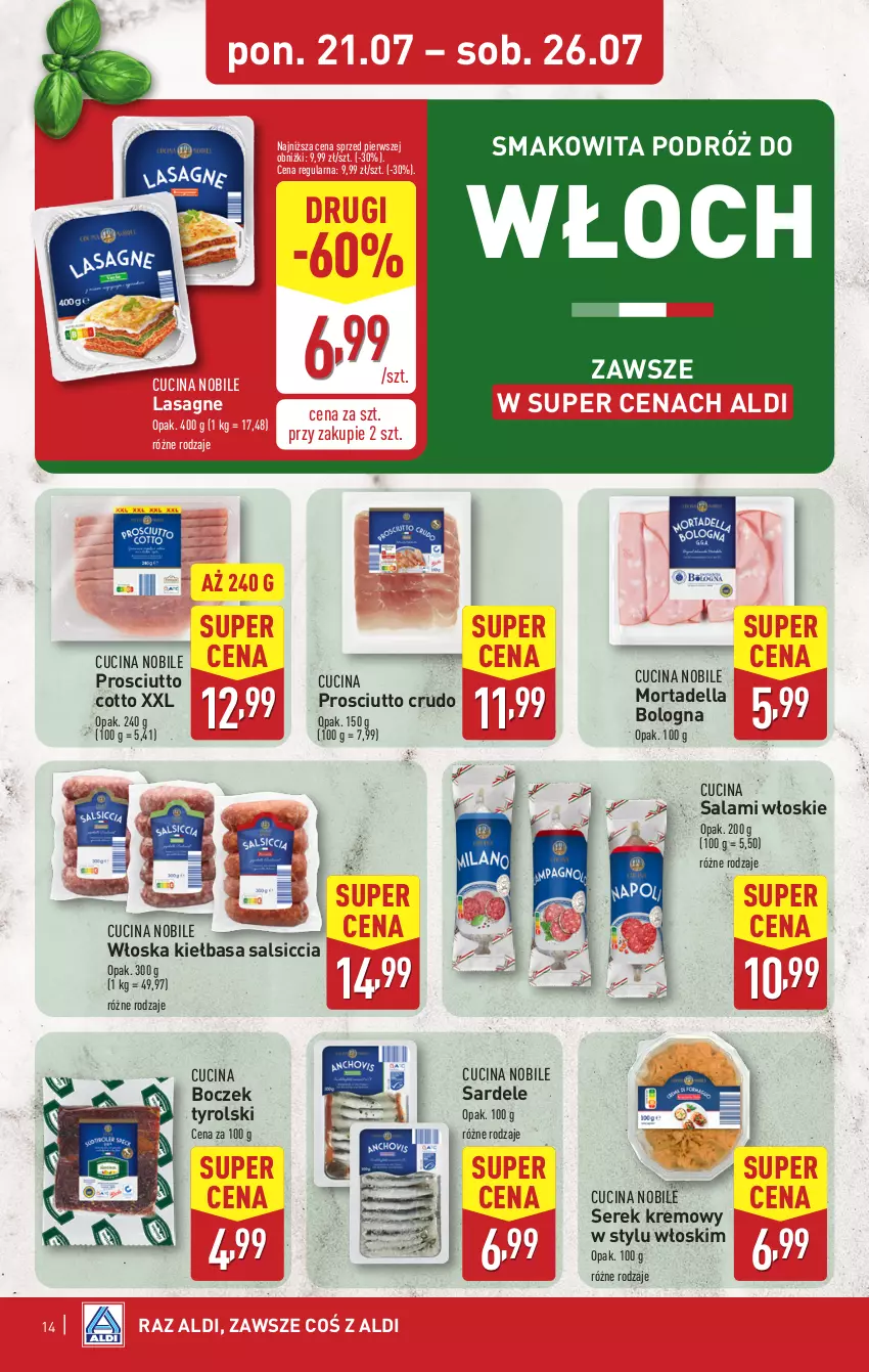 Gazetka promocyjna Aldi - Pełna oferta - ważna 21.07 do 26.07.2025 - strona 14 - produkty: Boczek, Dell, Kiełbasa, Lasagne, Mortadella, Prosciutto, Salami, Ser, Serek, Smakowita