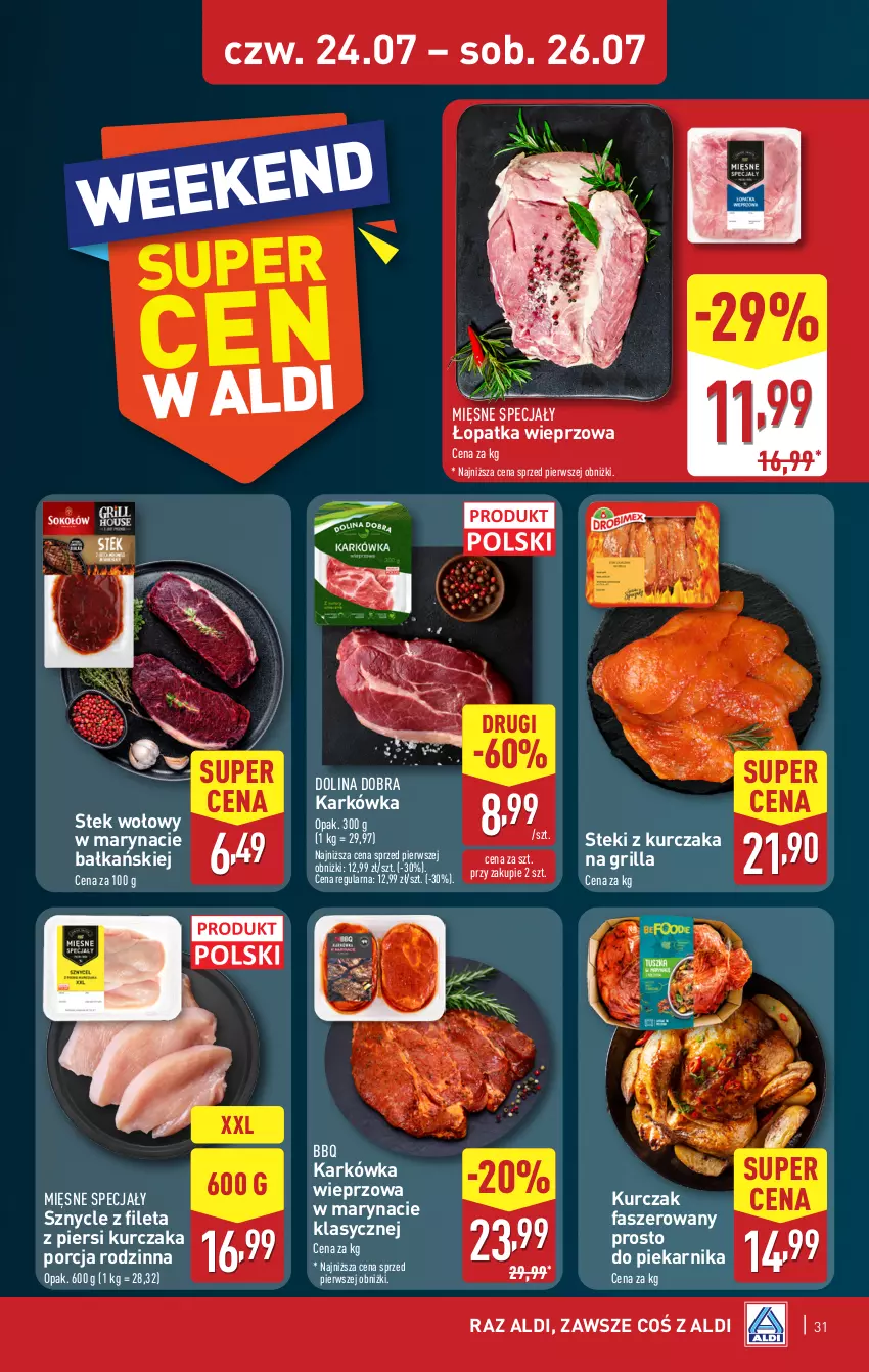 Gazetka promocyjna Aldi - Pełna oferta - ważna 21.07 do 26.07.2025 - strona 31 - produkty: Fa, Grill, Karkówka wieprzowa, Kurczak, Mięsne specjały, Piekarnik, Por, Stek, Stek wołowy