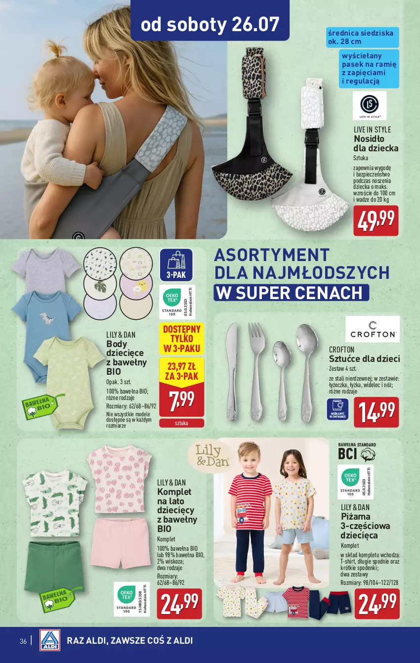 Gazetka promocyjna Aldi - Pełna oferta - ważna 21.07 do 26.07.2025 - strona 36 - produkty: Body, Dzieci, Pasek, Piec, Piżama, Spodnie, T-shirt, Wełna, Widelec