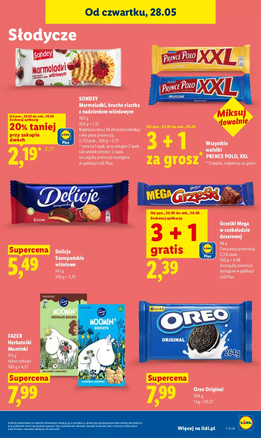 Gazetka promocyjna Lidl - Gazetka ważna od 28.05 do 30.05 - ważna 28.05 do 30.05.2026 - strona 63 - produkty: Ciastka, Delicje, Deser, Fa, Gin, Gra, Grześki, Herbatniki, Mola, Oreo, Prince Polo, Ser