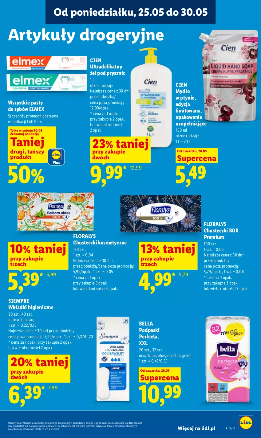 Gazetka promocyjna Lidl - Gazetka ważna od 28.05 do 30.05 - ważna 28.05 do 30.05.2026 - strona 81 - produkty: Bell, Bella, Chusteczki, Chusteczki kosmetyczne, Elmex, Flora, Mydło, Mydło w płynie, Perfecta, Podpaski, Wkładki