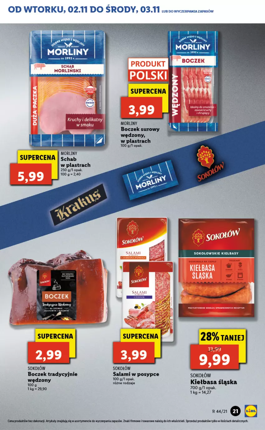 Gazetka promocyjna Lidl - GAZETKA - ważna 02.11 do 03.11.2021 - strona 21 - produkty: Boczek, Kiełbasa, Kiełbasa śląska, LG, Morliny, Salami, Sok, Sokołów