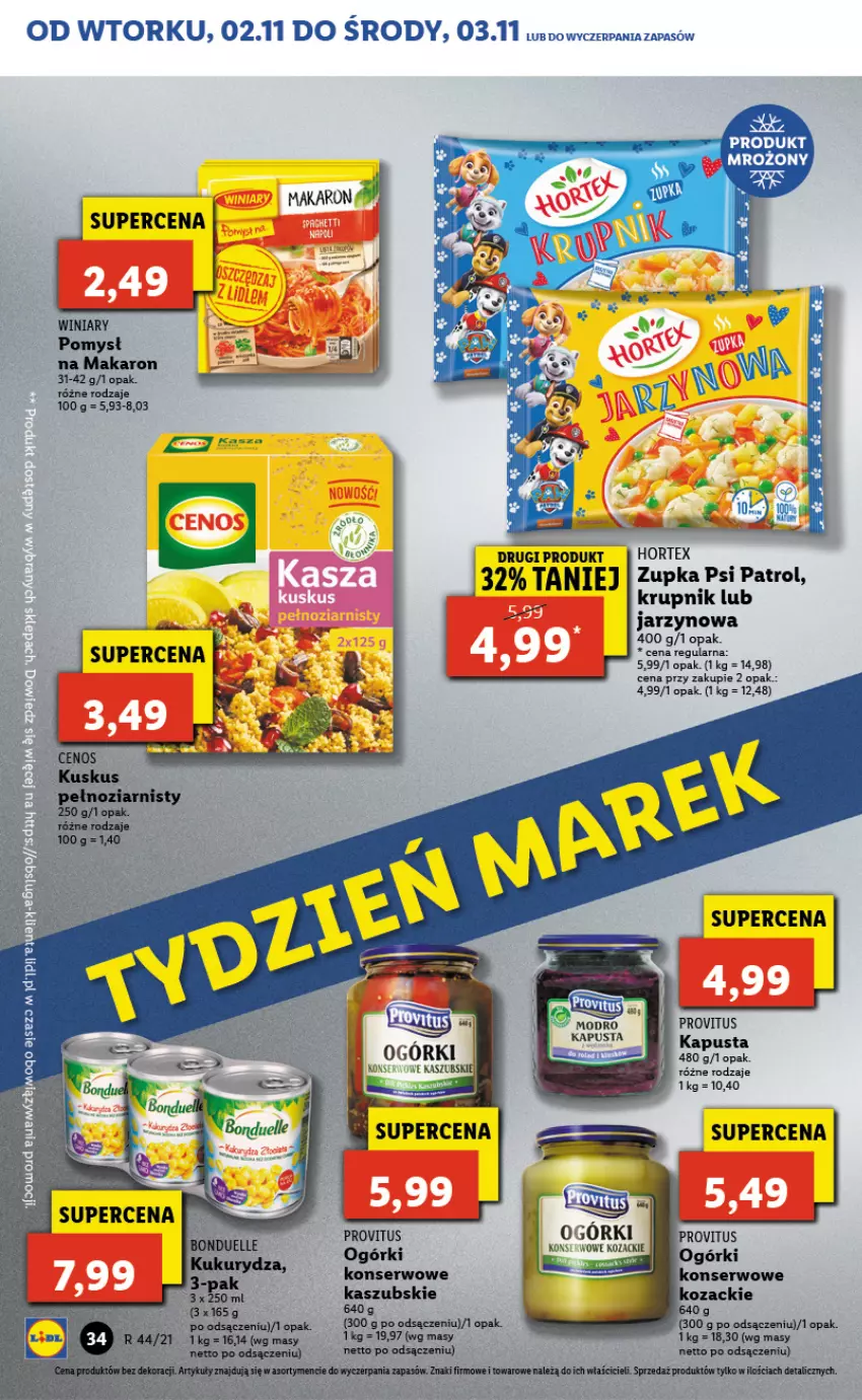 Gazetka promocyjna Lidl - GAZETKA - ważna 02.11 do 03.11.2021 - strona 34 - produkty: Hortex, Krupnik, Makaron, Ogórki konserwowe, Psi Patrol, Ser, Winiary