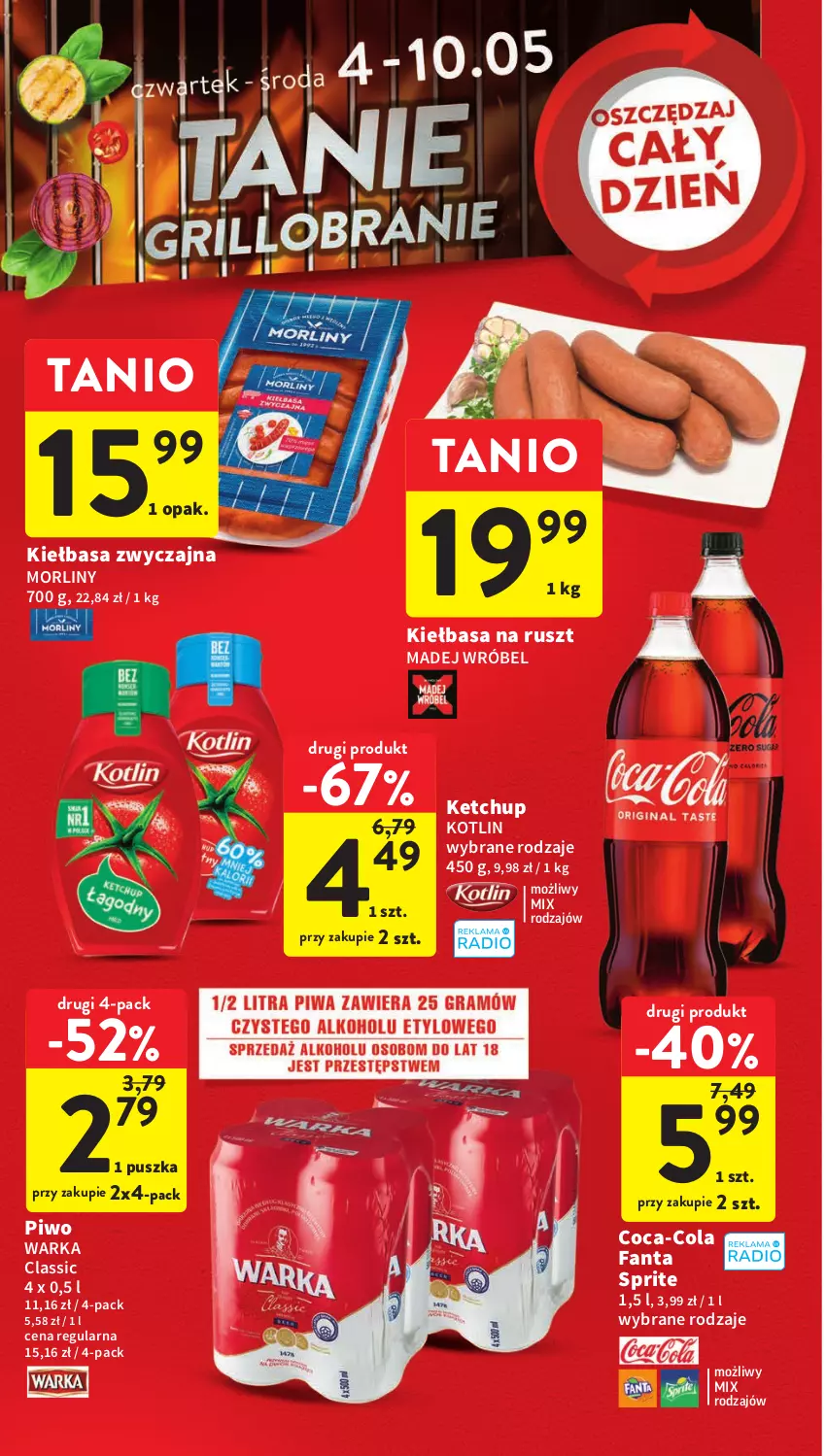 Gazetka promocyjna Intermarche - Gazetka Intermarche - ważna 04.05 do 10.05.2023 - strona 12 - produkty: Coca-Cola, Fa, Fanta, Ketchup, Kiełbasa, Kotlin, Madej Wróbel, Morliny, Piwo, Sprite, Warka