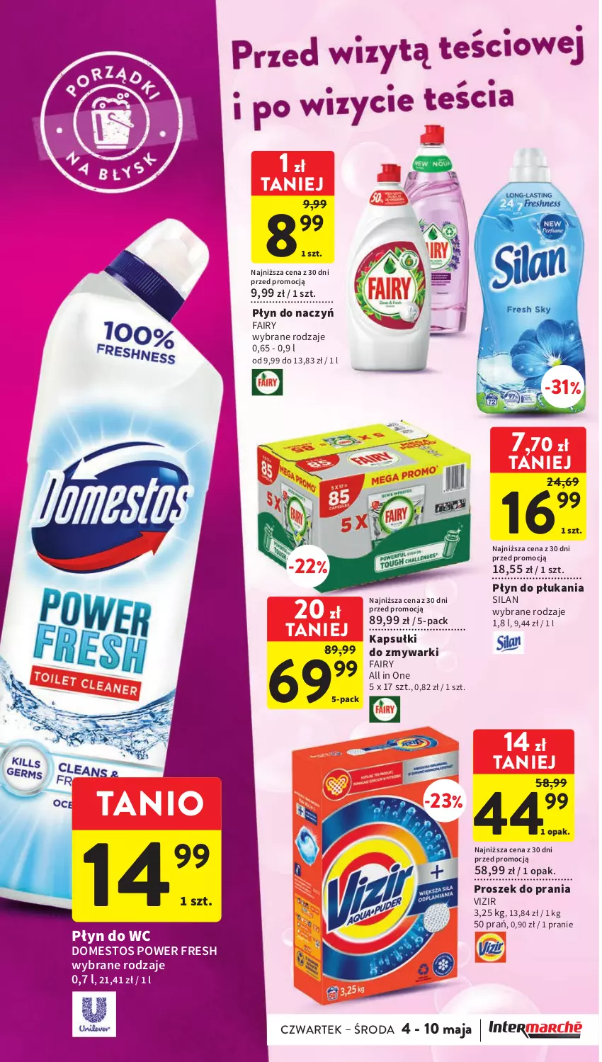 Gazetka promocyjna Intermarche - Gazetka Intermarche - ważna 04.05 do 10.05.2023 - strona 34 - produkty: Domestos, Fa, Fairy, Płyn do płukania, Płyn do wc, Proszek do prania, Silan, Vizir, Zmywarki