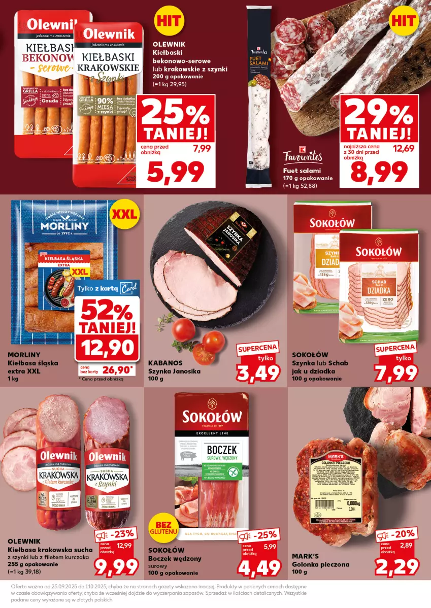 Gazetka promocyjna Kaufland - Mocny Start - ważna 29.09 do 01.10.2025 - strona 15 - produkty: Boczek, Golonka pieczona, Kabanos, Kiełbasa, Kiełbasa krakowska, Kiełbasa śląska, Kurczak, Morliny, Olewnik, Piec, Salami, Sok, Sokołów, Szynka