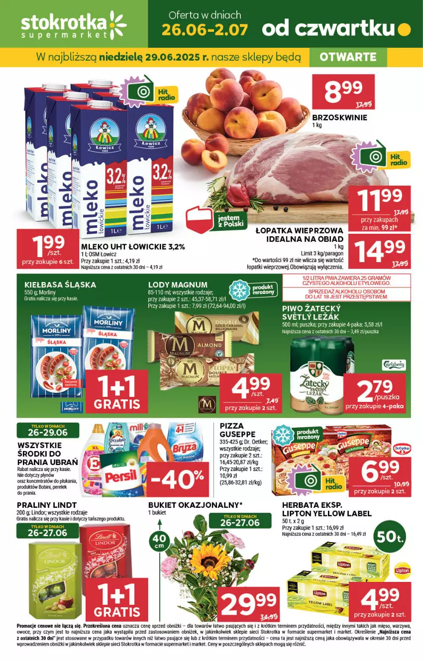Gazetka promocyjna Stokrotka - Supermarket - ważna 26.06 do 02.07.2025 - strona 1 - produkty: Brzoskwinie, Bukiet, Dr. Oetker, Fa, Gra, Herbata, Kiełbasa, Kiełbasa śląska, Lindor, Lindt, Lipton, Lody, Mięso, Mleko, Morliny, Owoce, Piwo, Praliny, Warzywa