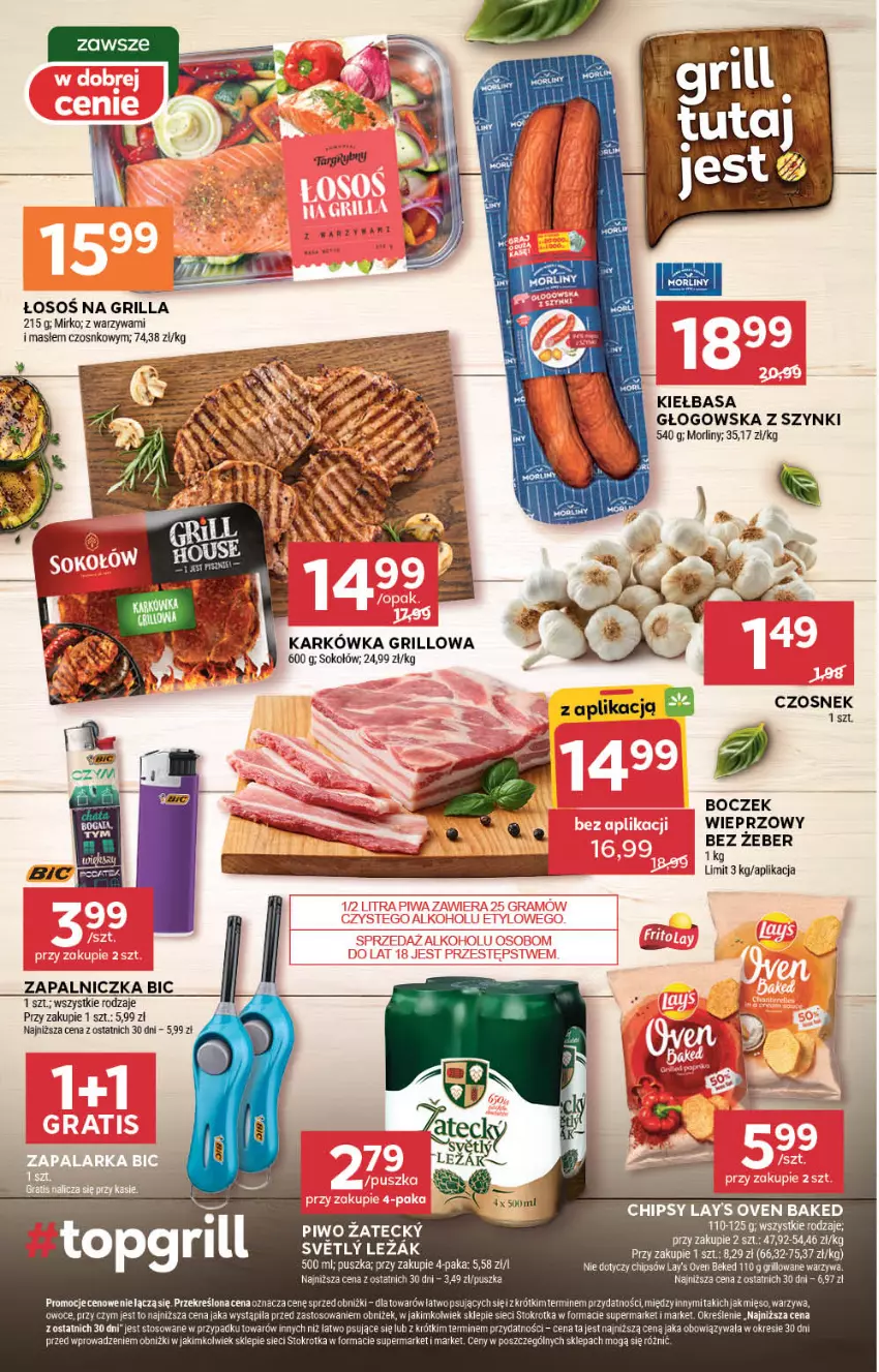 Gazetka promocyjna Stokrotka - Supermarket - ważna 26.06 do 02.07.2025 - strona 13 - produkty: BIC, Boczek, Boczek wieprzowy, Chipsy, Czosnek, Grill, Kiełbasa, Kiełbasa głogowska, Mięso, Morliny, Owoce, Piwo, Sok, Sokołów, Warzywa, Zapalniczka