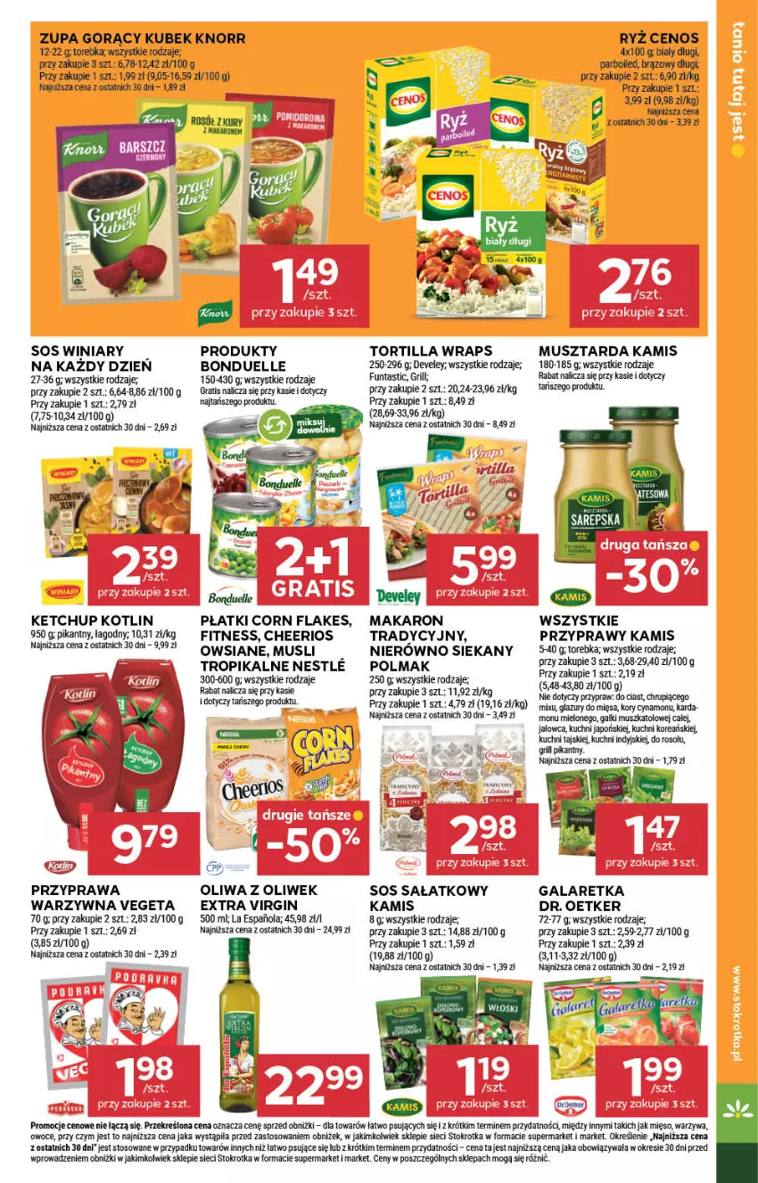 Gazetka promocyjna Stokrotka - Supermarket - ważna 26.06 do 02.07.2025 - strona 21 - produkty: Bonduelle, Cenos, Cheerios, Corn flakes, Dr. Oetker, Gala, Galaretka, Gin, Gra, Grill, Kamis, Ketchup, Knorr, Kotlin, Kubek, Lazur, Makaron, Mięso, Mus, Musztarda, Oliwa, Oliwa z oliwek, Olma, Owoce, Przyprawy, Ryż, Sałat, Sos, Torebka, Tortilla, Vegeta, Warzywa, Winiary, Zupa