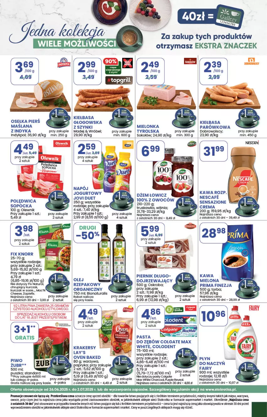Gazetka promocyjna Stokrotka - Supermarket - ważna 26.06 do 02.07.2025 - strona 31 - produkty: Colgate, Dżem, Fa, Fairy, Gra, Kawa, Kiełbasa, Knorr, Krakersy, LANA, LG, Mięso, NBA, Owoce, Piernik, Piwo, Por, Prima, Pur, Sok, Sokołów, Torba, Warzywa