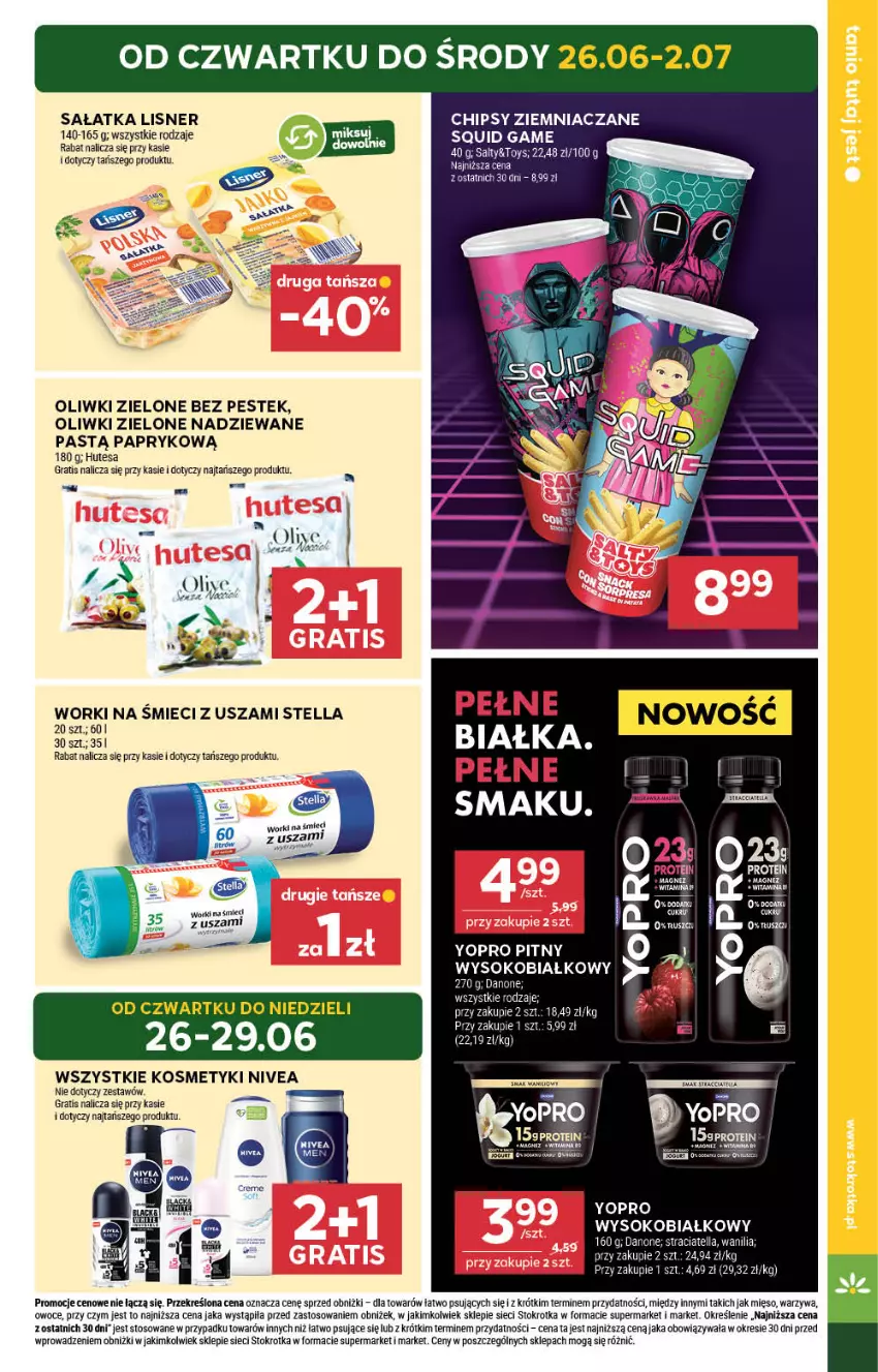 Gazetka promocyjna Stokrotka - Supermarket - ważna 26.06 do 02.07.2025 - strona 5 - produkty: Chipsy, Gin, Gra, Lisner, Magnez, Mięso, Nivea, Oliwki, Oliwki zielone, Owoce, Sałat, Sałatka, Stek, Tusz, Warzywa, Worki na śmiec