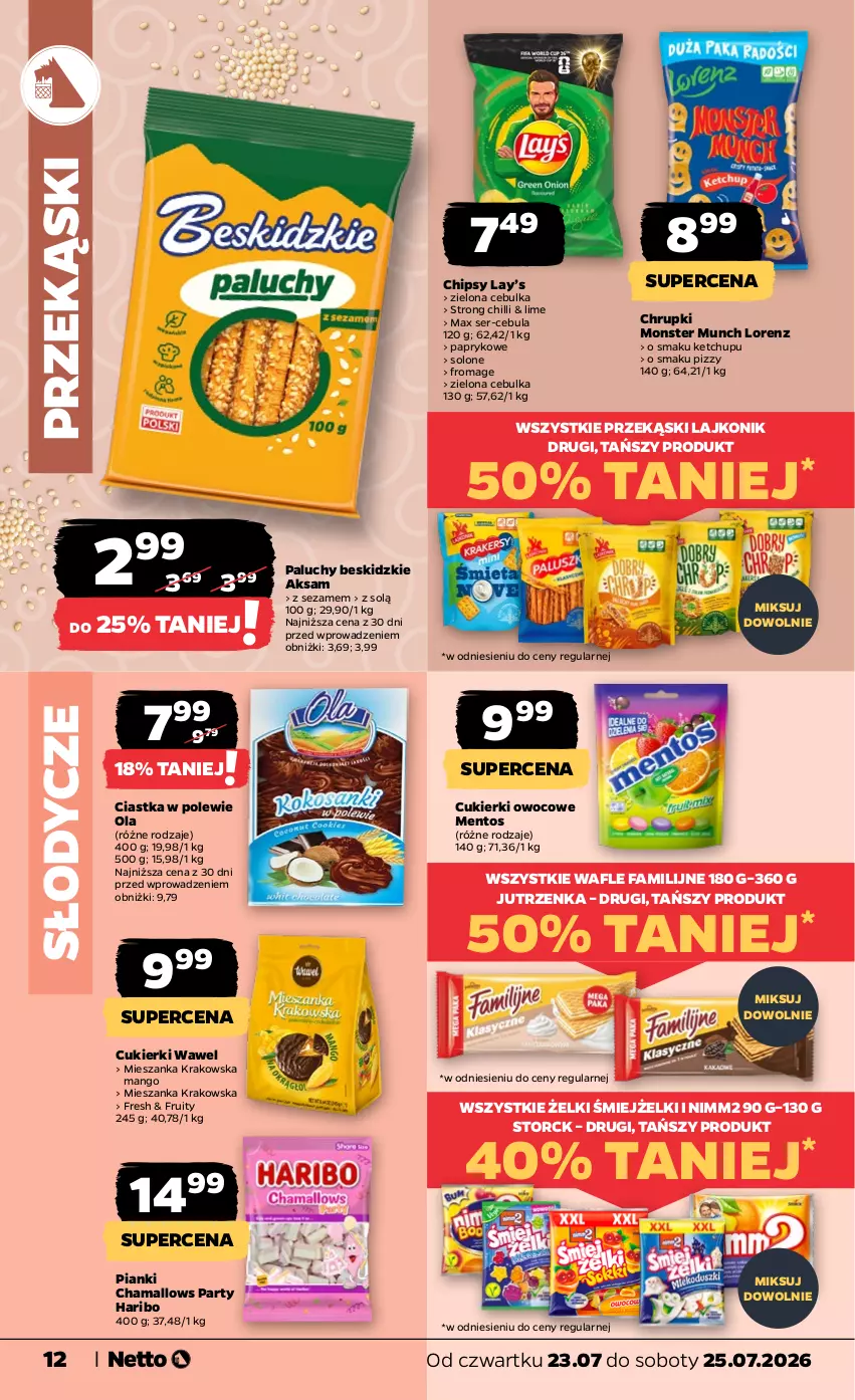 Gazetka promocyjna Netto - Od Czwartku - ważna 23.07 do 25.07.2026 - strona 12 - produkty: Aksam, Beskidzki, Cebula, Chipsy, Chrupki, Ciastka, Cukier, Cukierki, Fa, Hama, Haribo, Jutrzenka, Ketchup, Lajkonik, Lay’s, Lorenz, Mango, Mentos, Monster Munch, Nimm2, Ser, Sezam, Wafle, Wawel