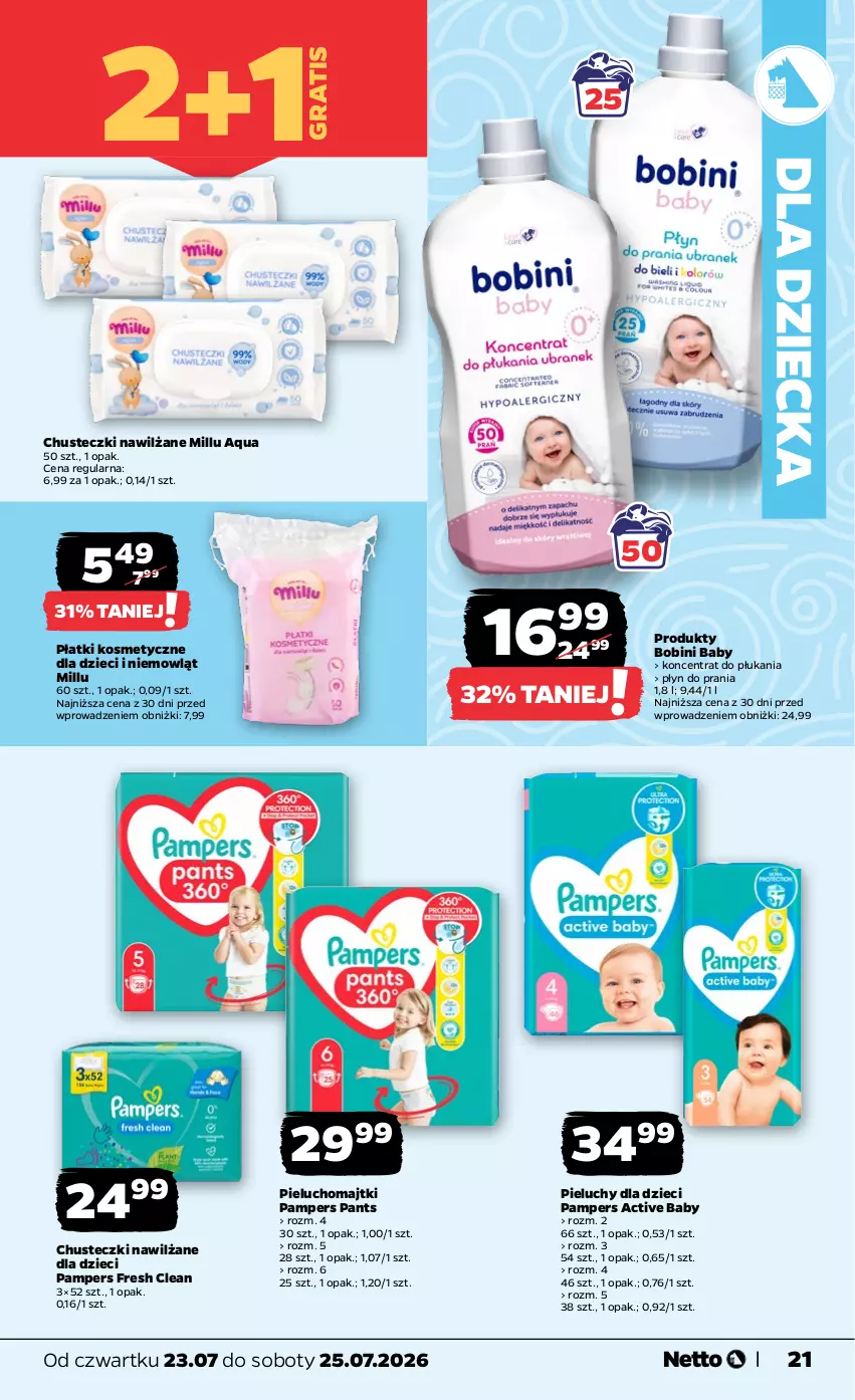 Gazetka promocyjna Netto - Od Czwartku - ważna 23.07 do 25.07.2026 - strona 21 - produkty: Chusteczki, Dzieci, Gra, Majtki, Pampers, Pieluchomajtki, Pieluchy, Płatki kosmetyczne, Płyn do prania