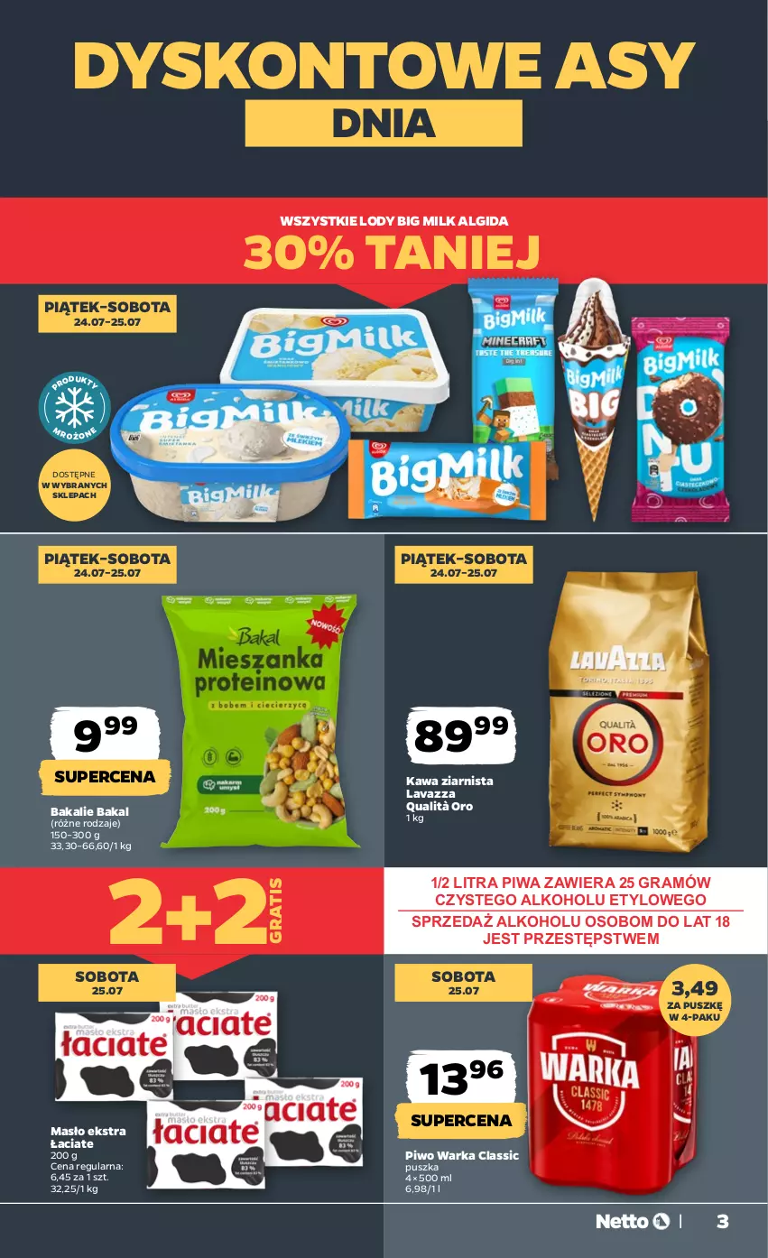 Gazetka promocyjna Netto - Od Czwartku - ważna 23.07 do 25.07.2026 - strona 3 - produkty: Algida, Big Milk, Gra, Kawa, Kawa ziarnista, Lavazza, LG, Lody, Masło, Piwa, Piwo, Warka