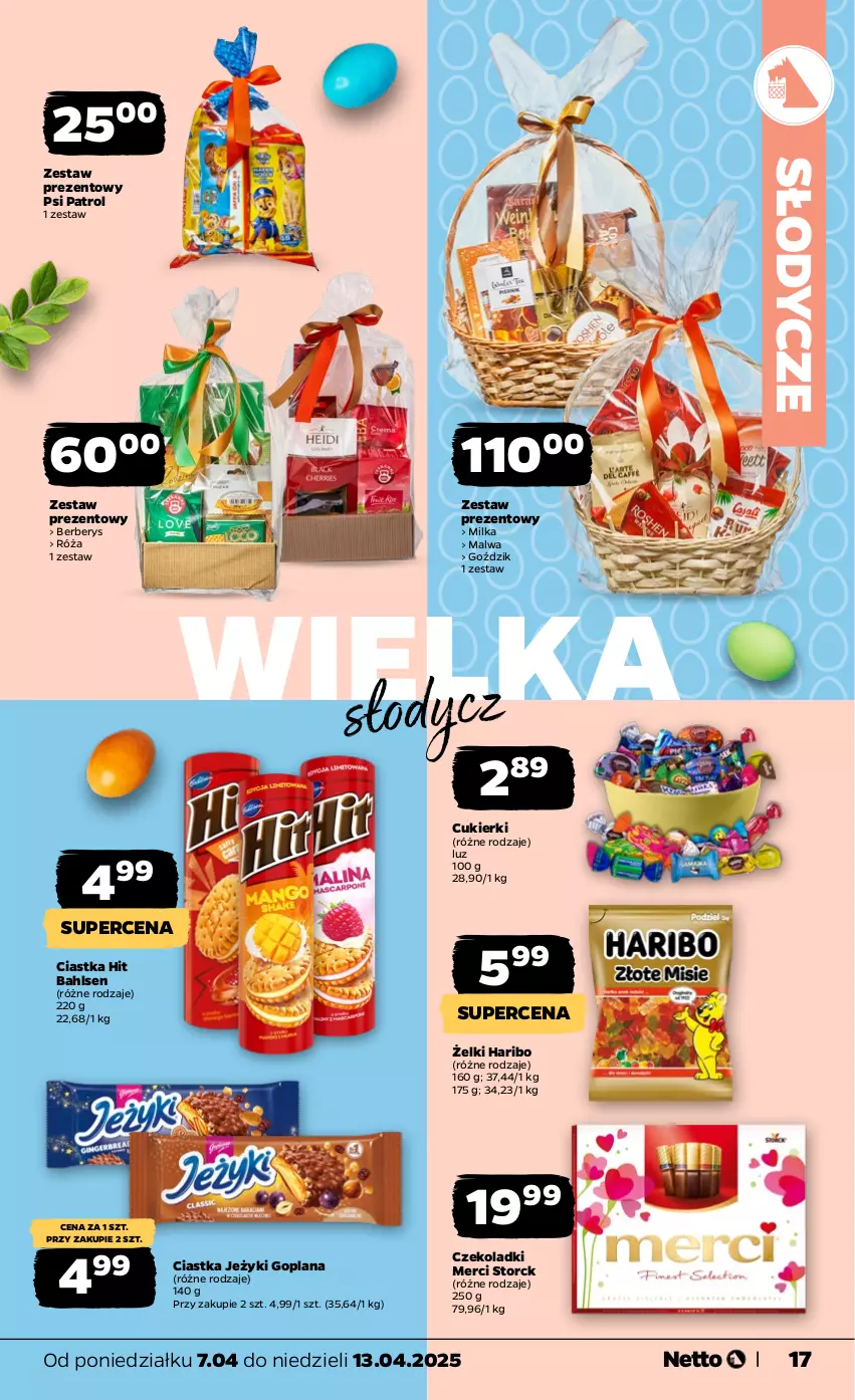 Gazetka promocyjna Netto - Od Poniedziałku - ważna 07.04 do 13.04.2025 - strona 17 - produkty: Ciastka, Cukier, Cukierki, Goplana, Haribo, Jeżyki, LANA, Merci, Milka, Psi Patrol, Róża, Zestaw prezentowy